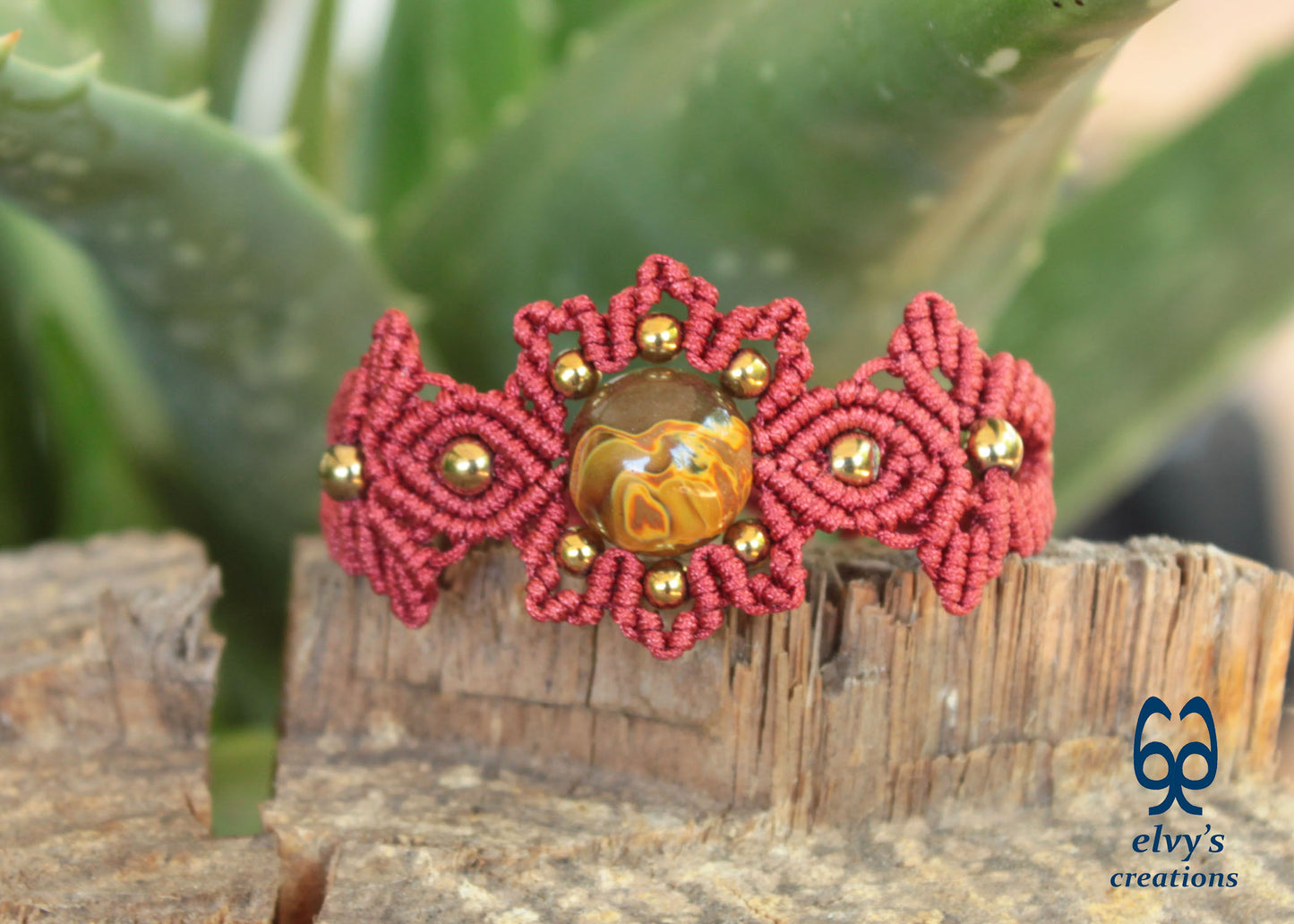 Red and Gold Macrame Bracelet with Quartz Red Adjustable Boho Bracelet