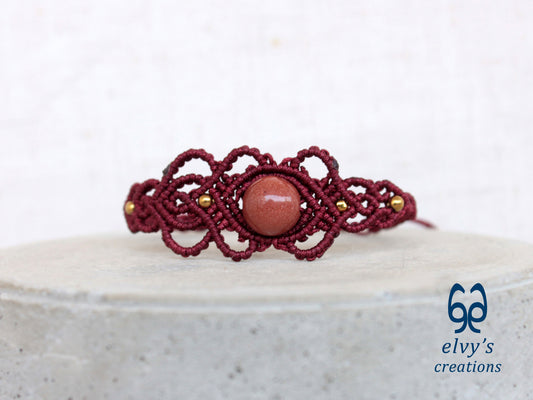 Handmade Red Macrame Bracelet with Sandstone Gemstone Adjustable Cuff