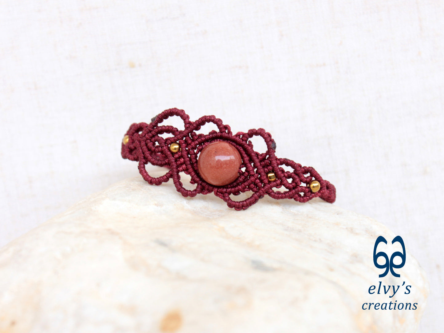 Handmade Red Macrame Bracelet with Sandstone Gemstone Adjustable Cuff