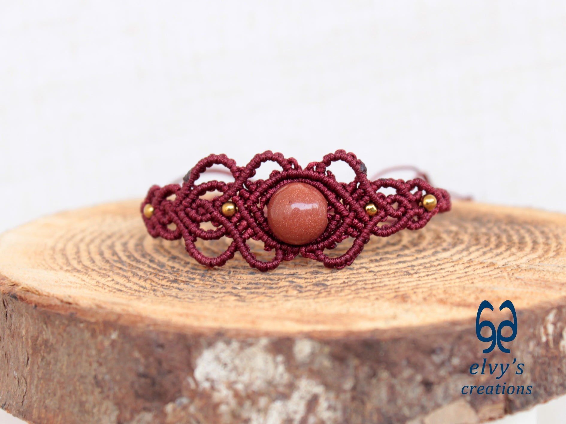 Handmade Red Macrame Bracelet with Sandstone Gemstone Adjustable Cuff