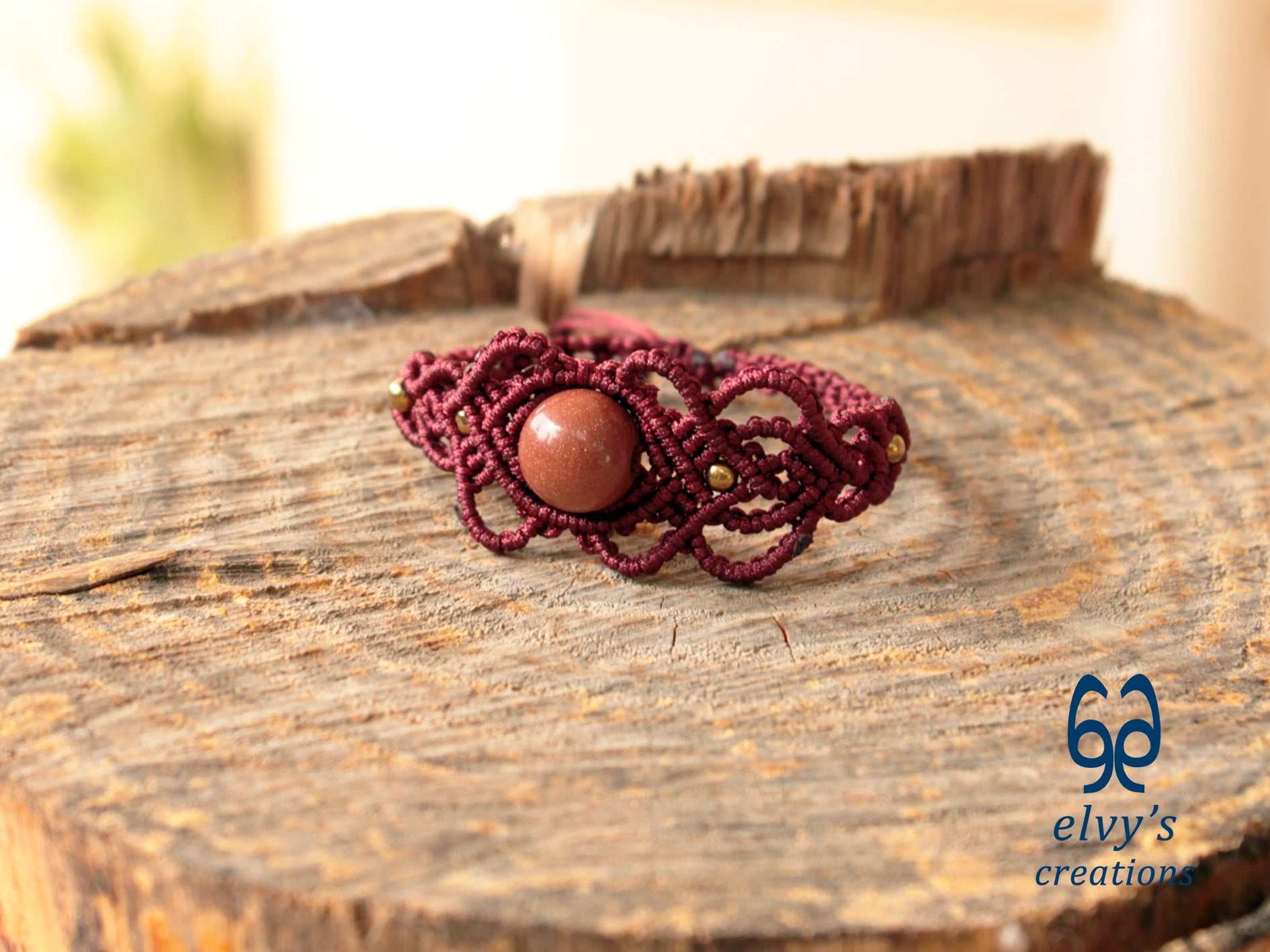 Handmade Red Macrame Bracelet with Sandstone Gemstone Adjustable Cuff