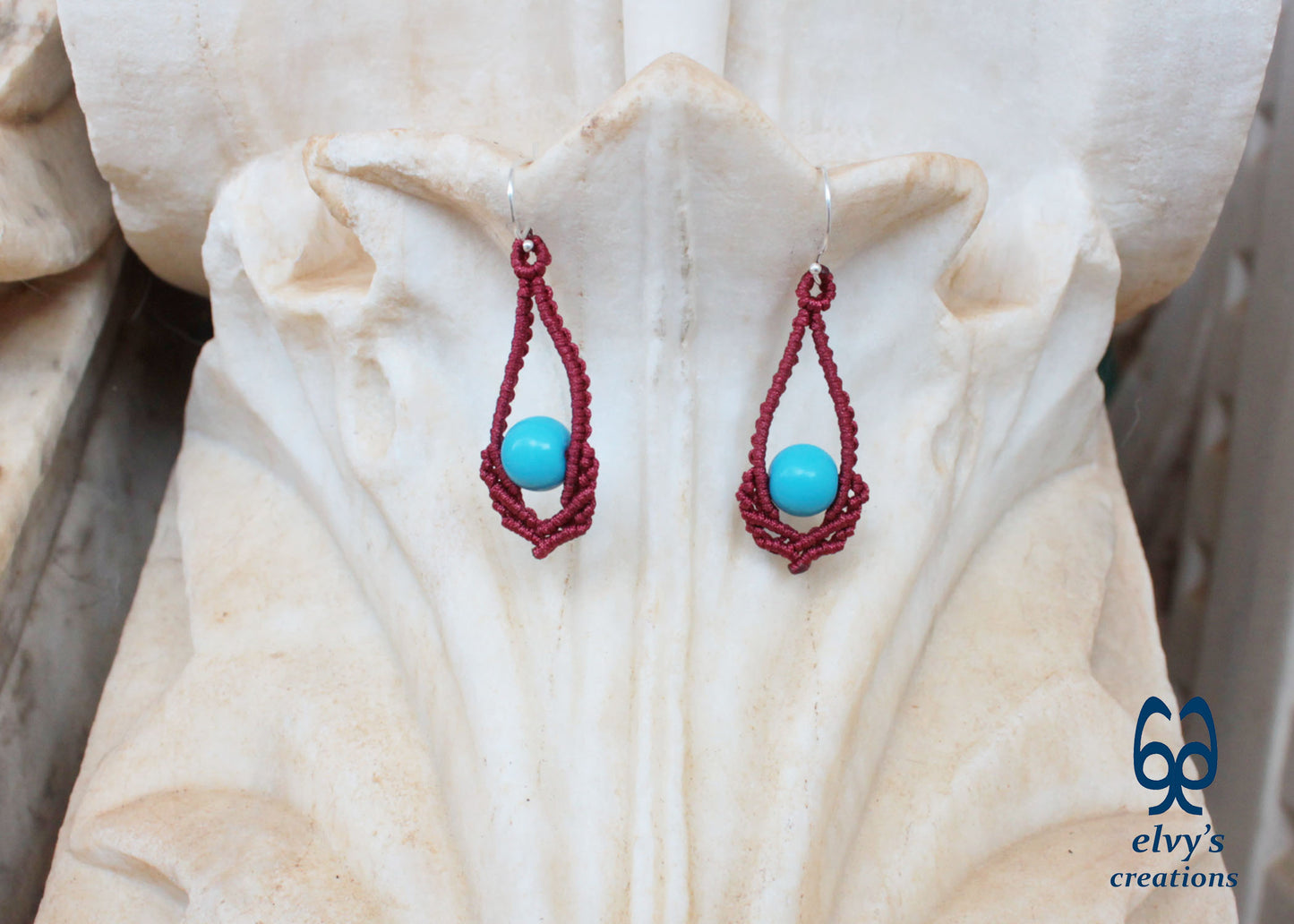 Red Macrame Earrings Handmade Silver Earrings with Turquoise Gemstones