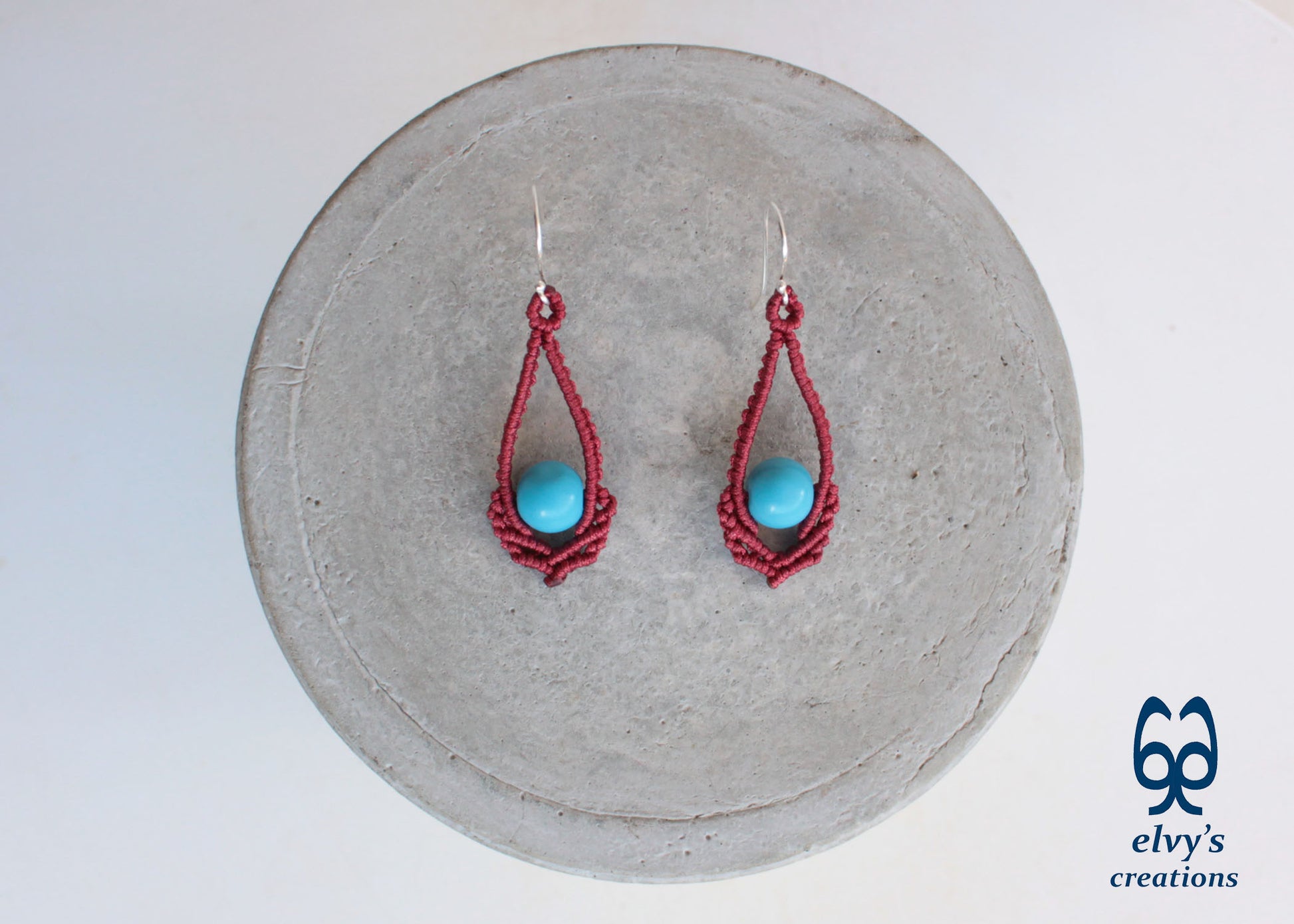 Red Macrame Earrings Handmade Silver Earrings with Turquoise Gemstones