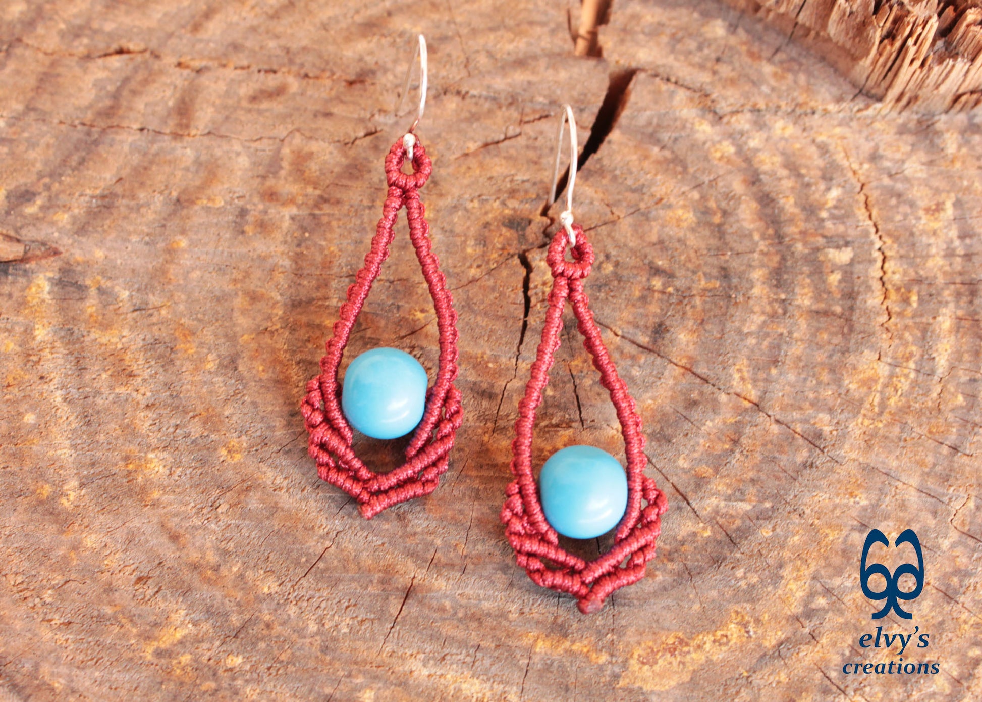 Red Macrame Earrings Handmade Silver Earrings with Turquoise Gemstones