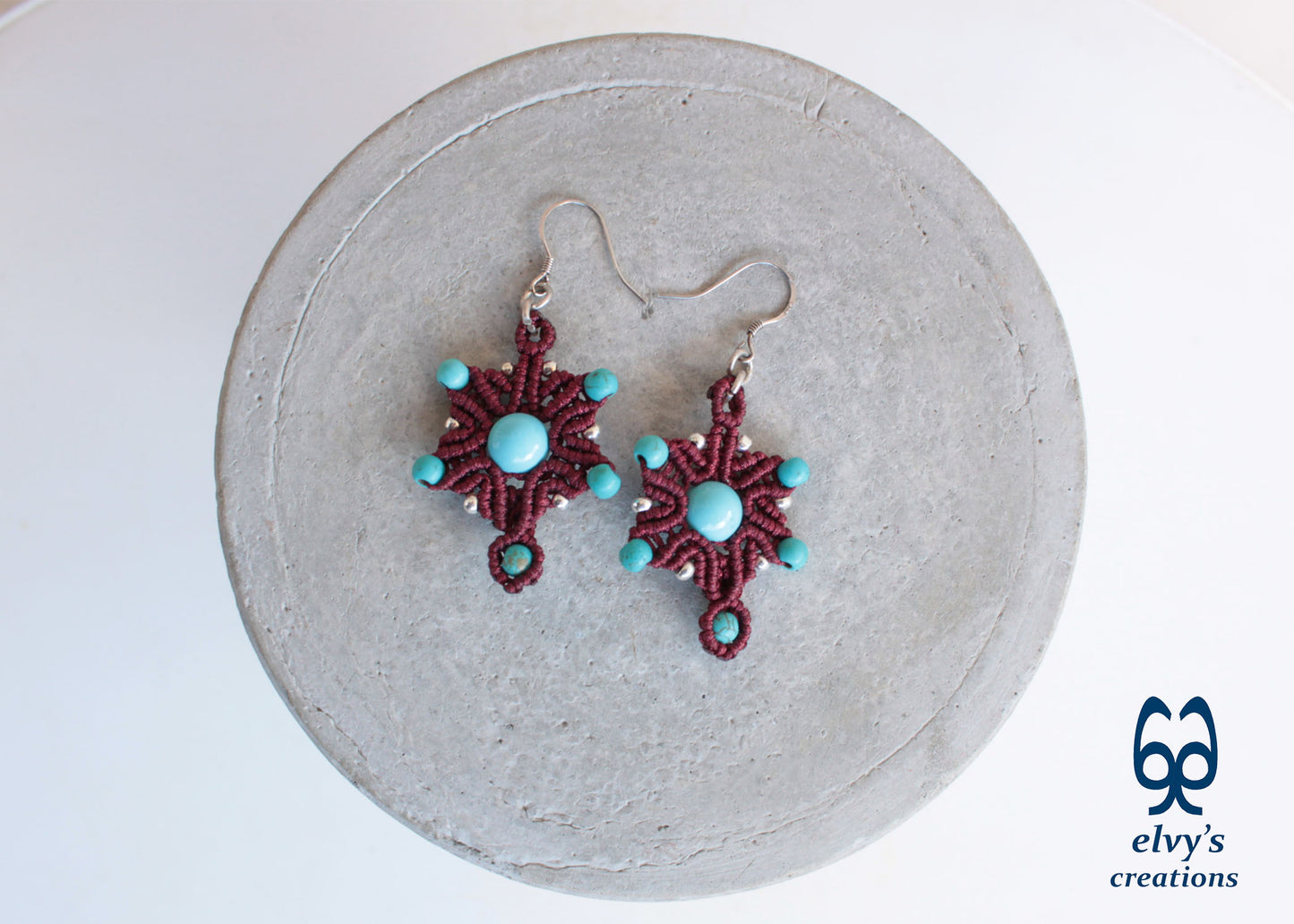 Handmade Red Macrame Earrings Silver Dangle with Turquoise Gemstones