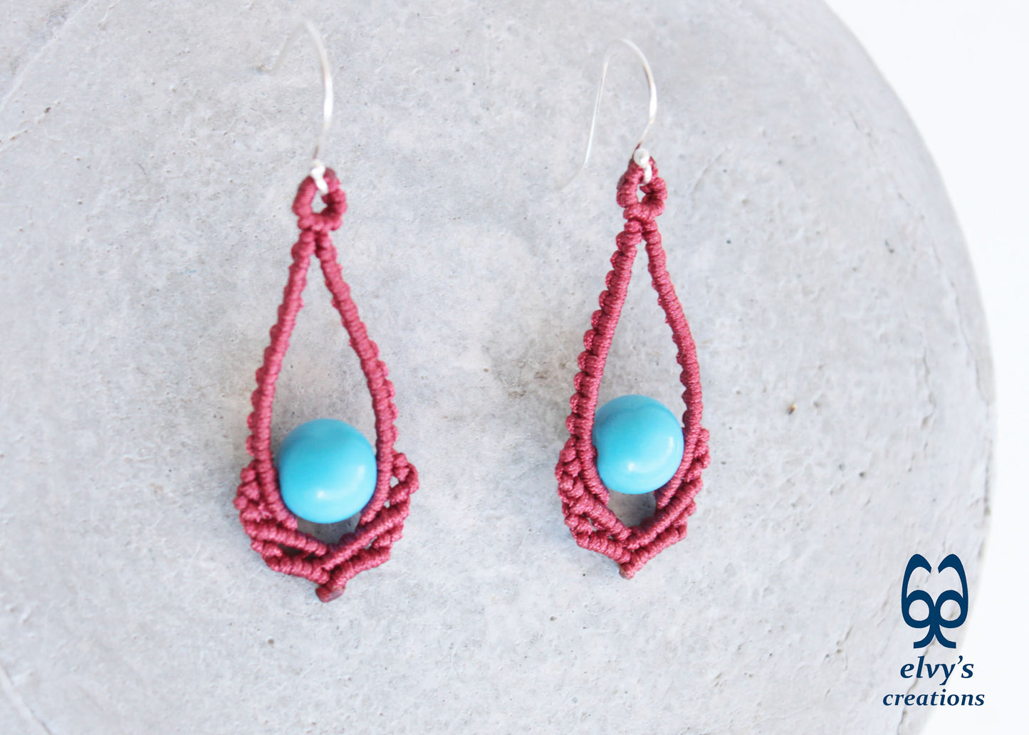 Red Macrame Earrings Handmade Silver Earrings with Turquoise Gemstones