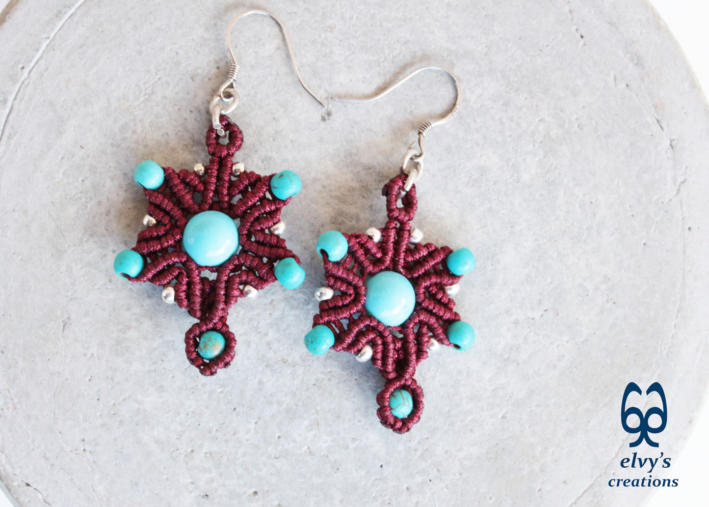 Handmade Red Macrame Earrings Silver Dangle with Turquoise Gemstones