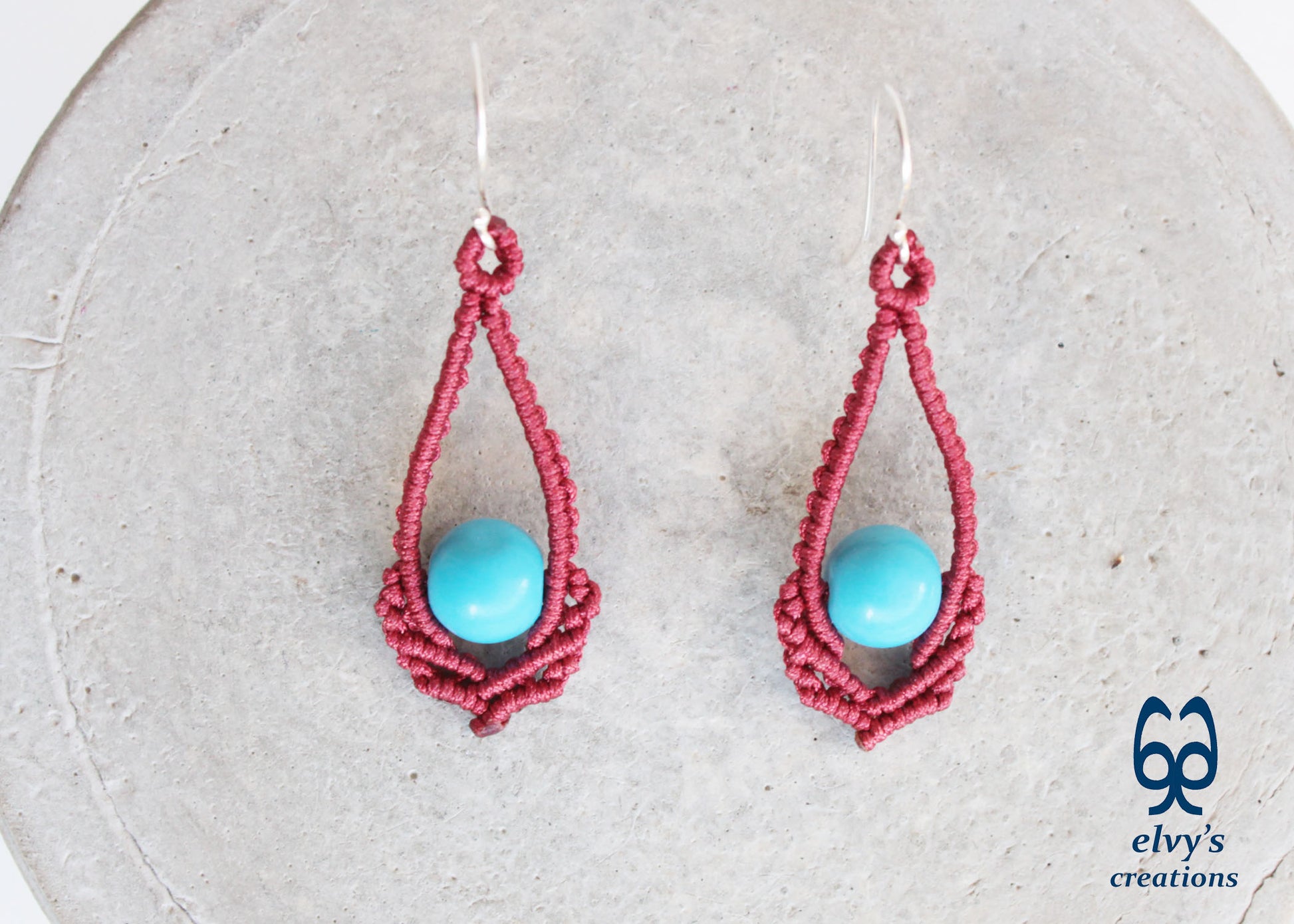 Red Macrame Earrings Handmade Silver Earrings with Turquoise Gemstones