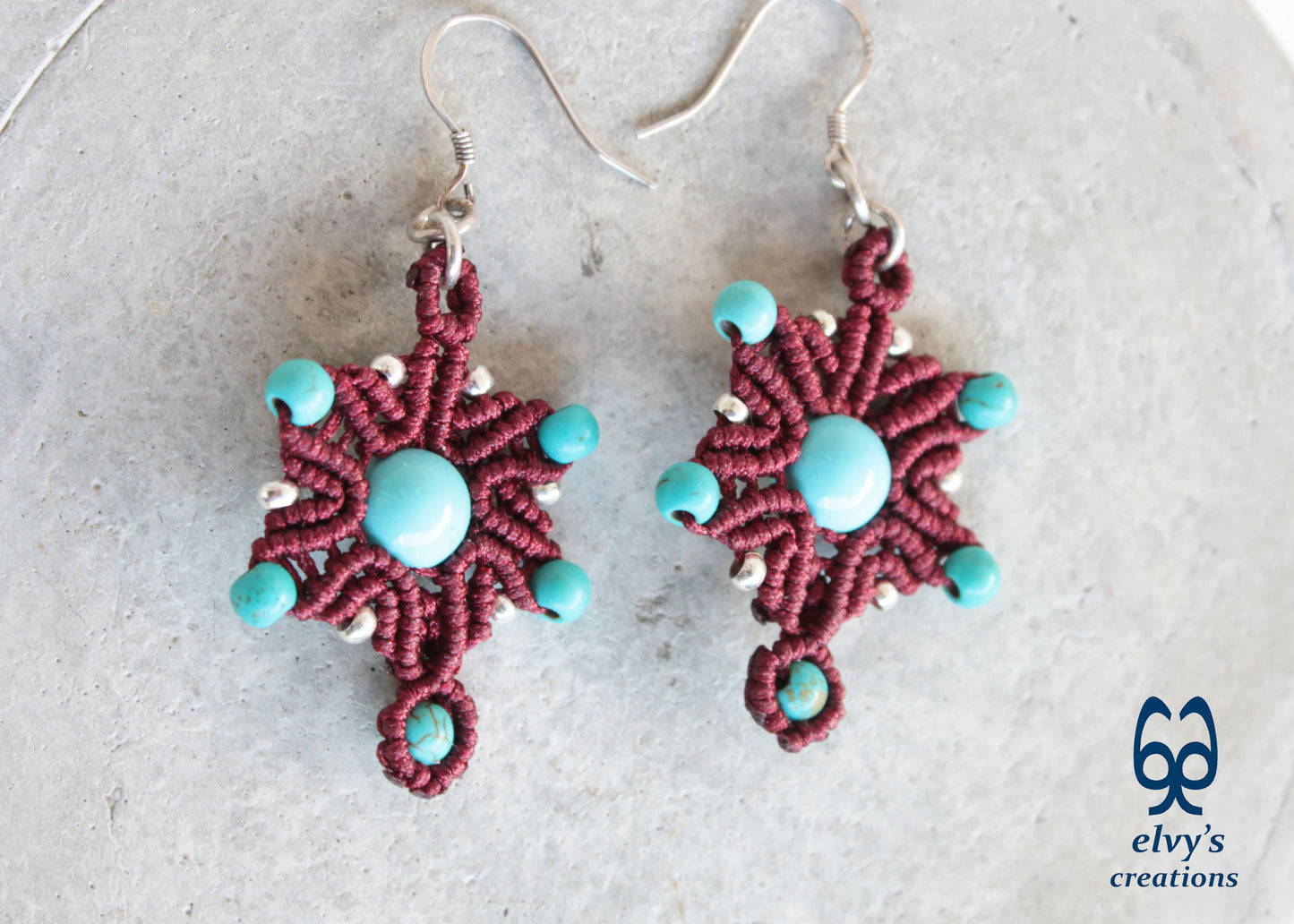 Handmade Red Macrame Earrings Silver Dangle with Turquoise Gemstones