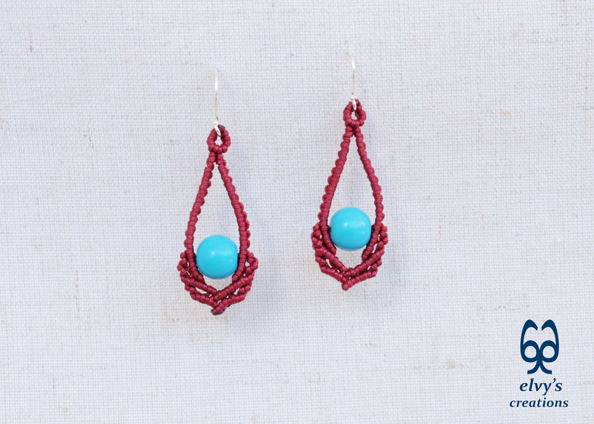 Red Macrame Earrings Handmade Silver Earrings with Turquoise Gemstones