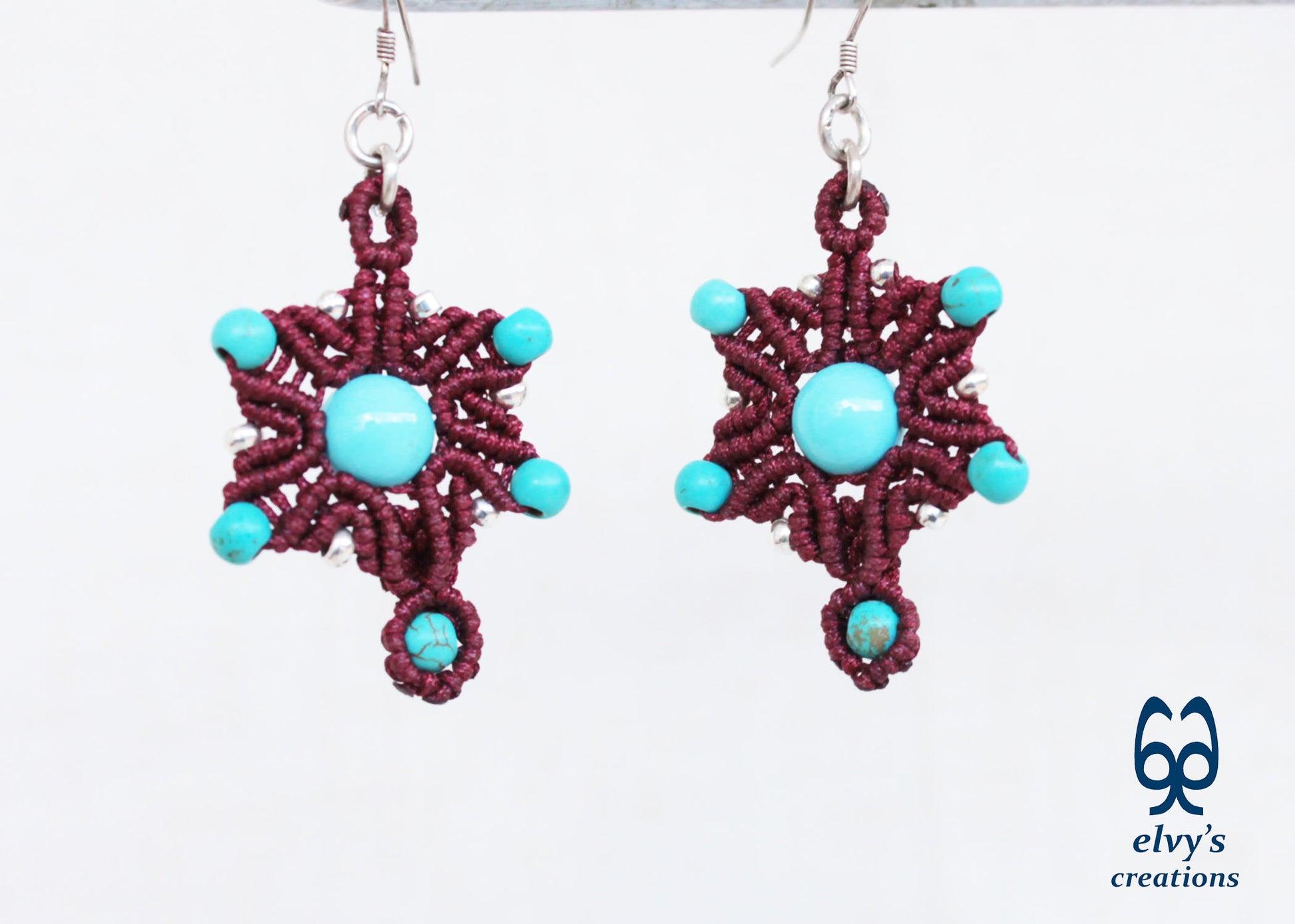 Handmade Red Macrame Earrings Silver Dangle with Turquoise Gemstones