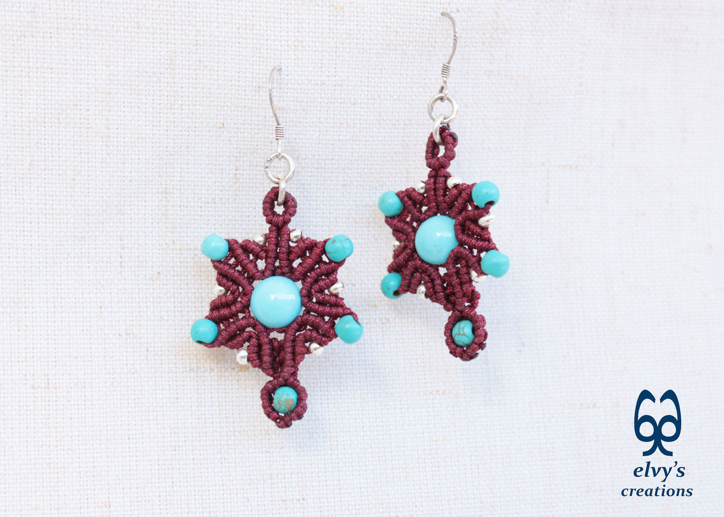 Handmade Red Macrame Earrings Silver Dangle with Turquoise Gemstones