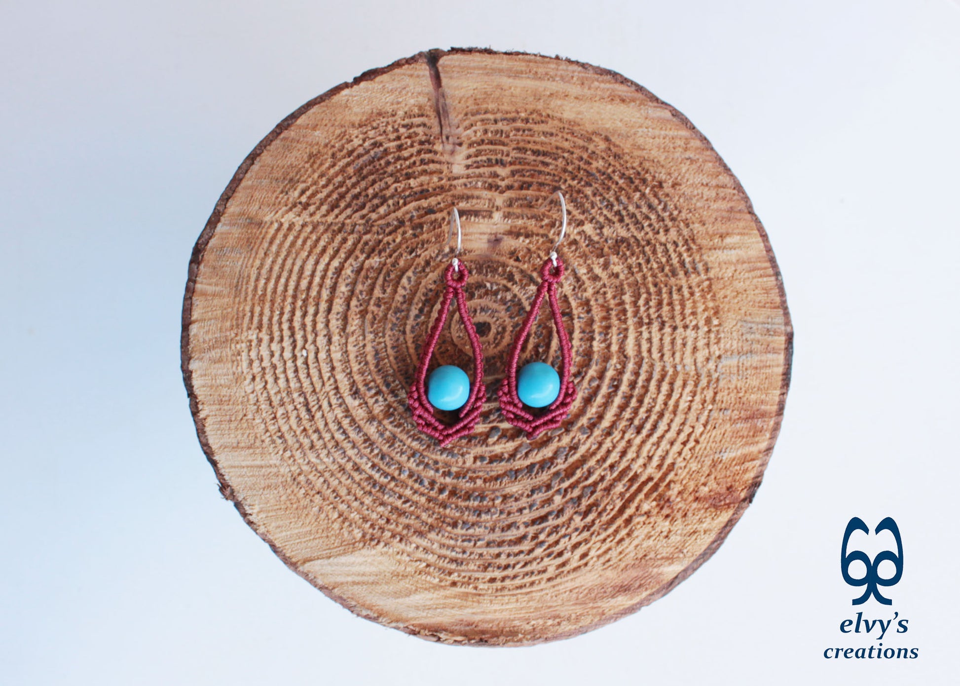 Red Macrame Earrings Handmade Silver Earrings with Turquoise Gemstones