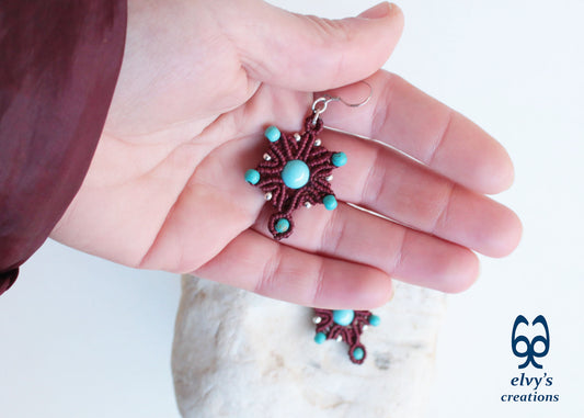 Handmade Red Macrame Earrings Silver Dangle with Turquoise Gemstones