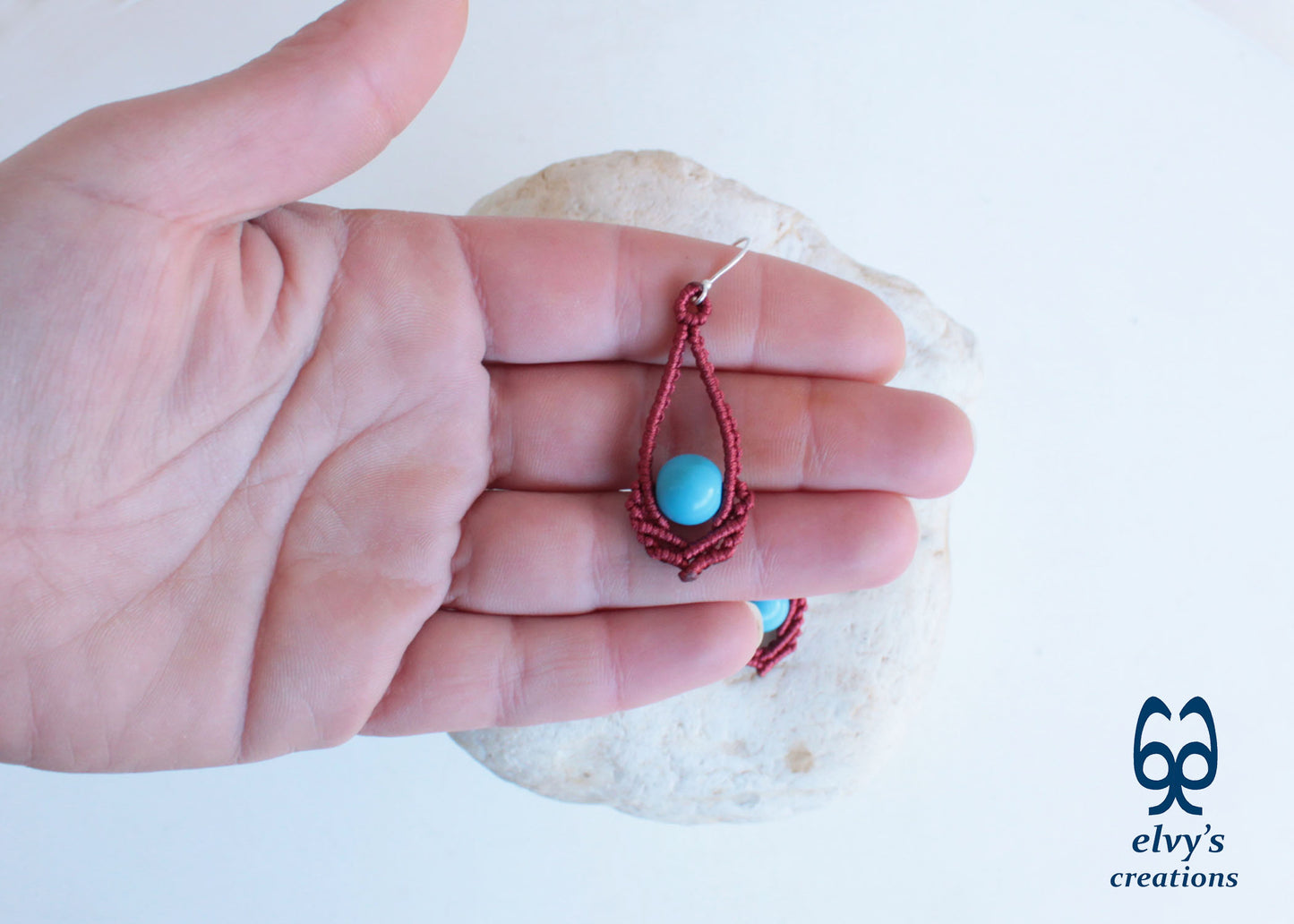 Red Macrame Earrings Handmade Silver Earrings with Turquoise Gemstones