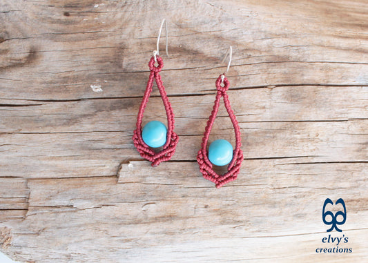 Red Macrame Earrings Handmade Silver Earrings with Turquoise Gemstones