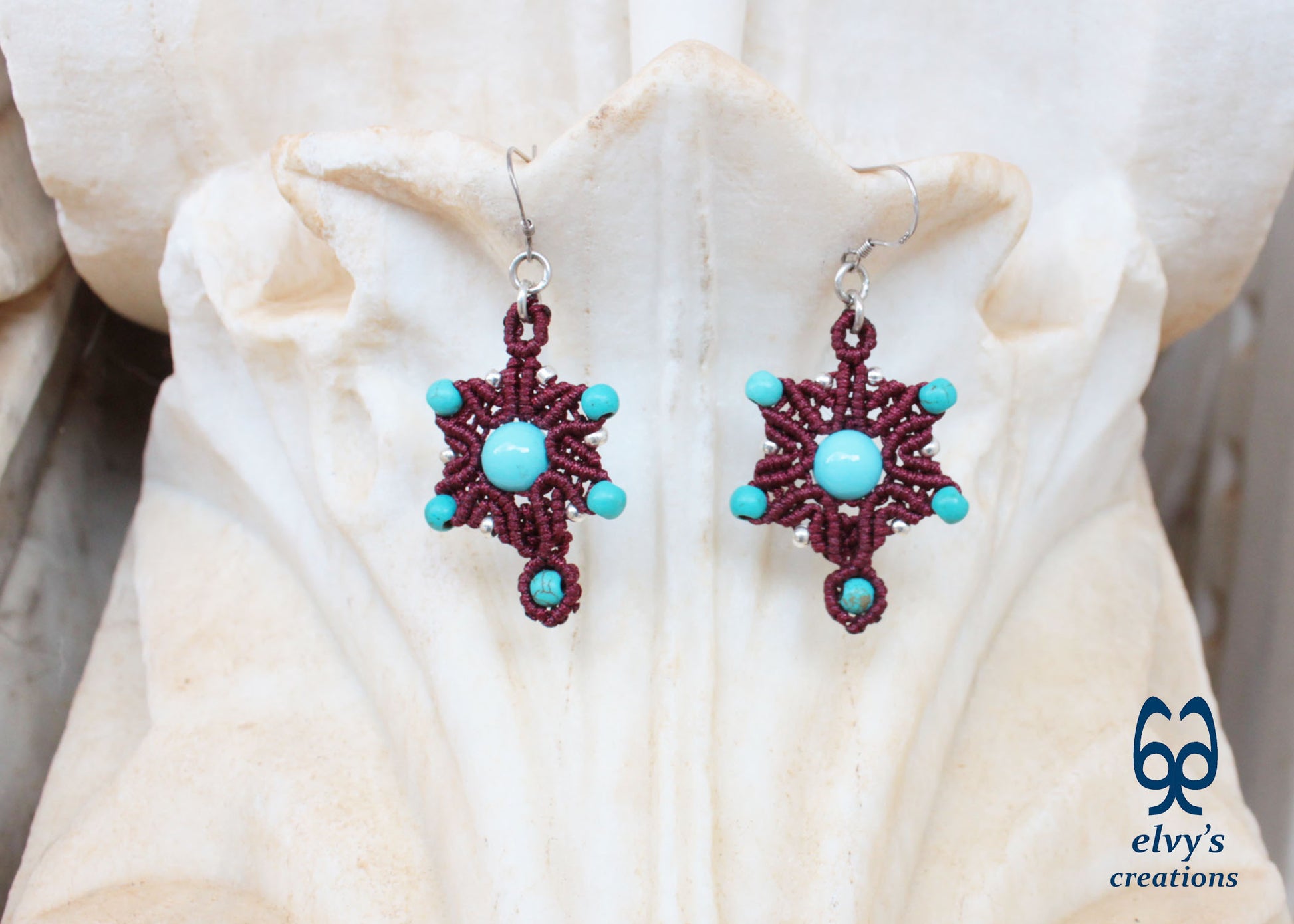 Handmade Red Macrame Earrings Silver Dangle with Turquoise Gemstones