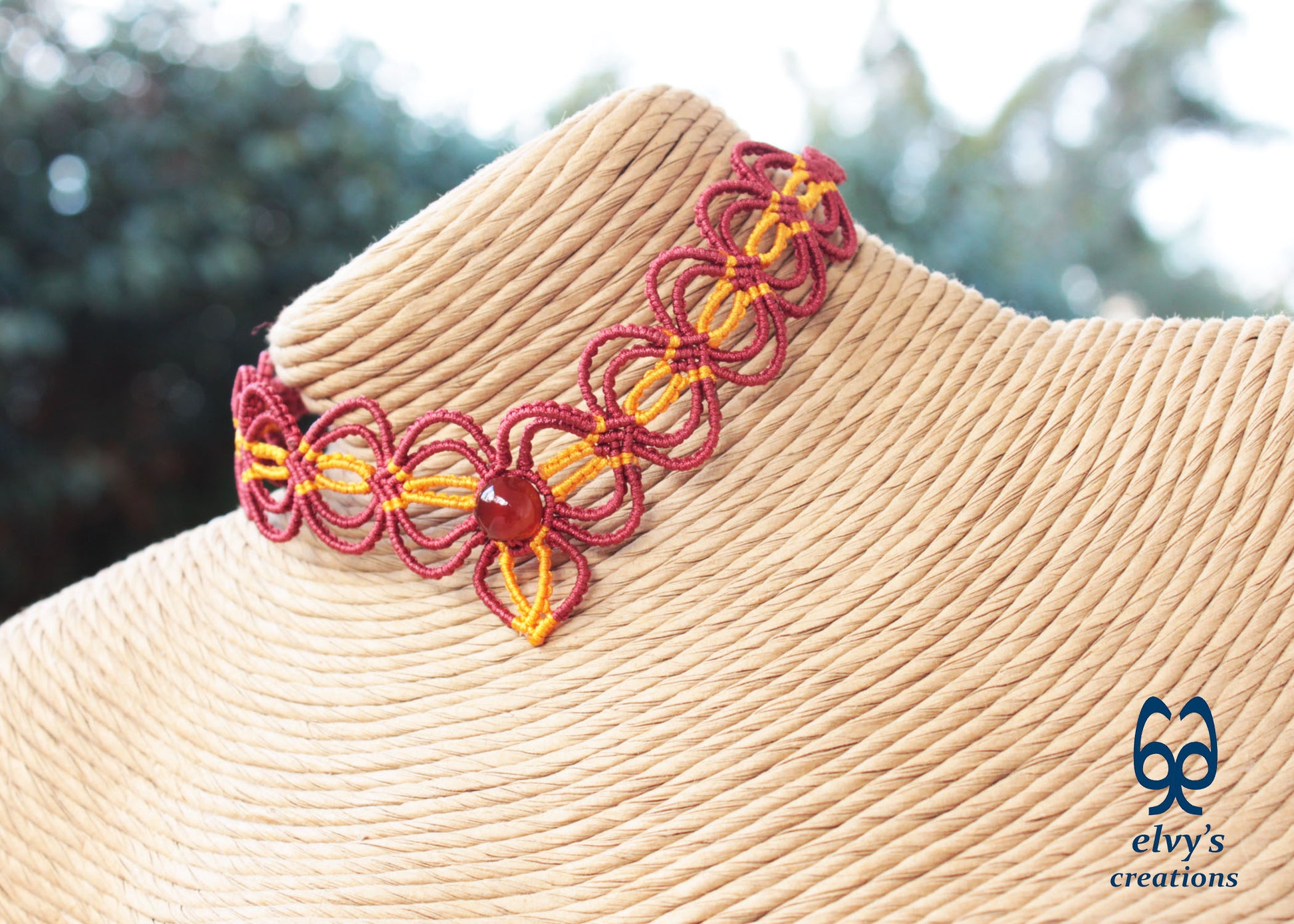 Red Handmade Macrame Chocker Yellow Adjustable Necklace Carnelian Gemstone