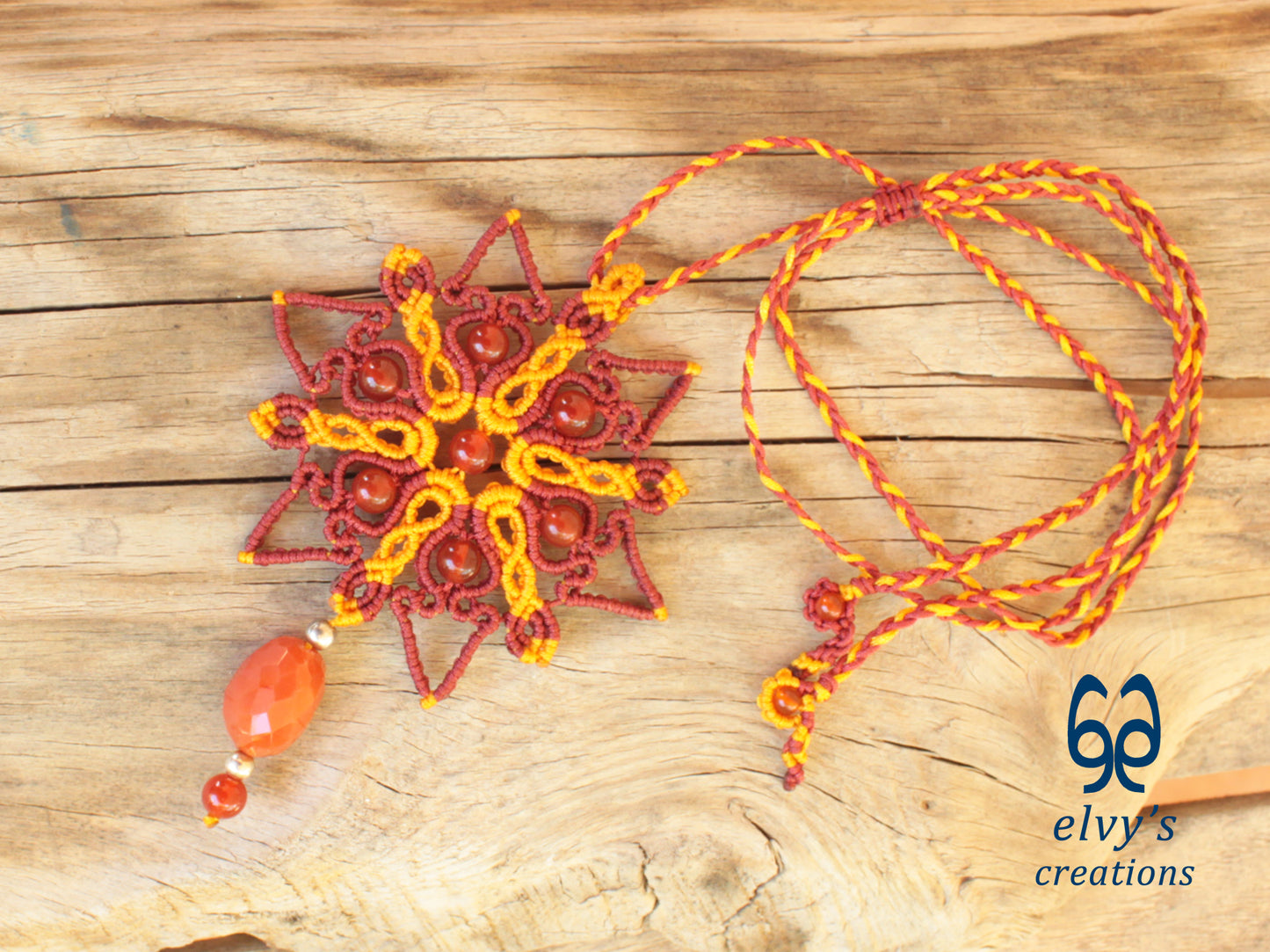 Handmade Red Macrame Choker Necklace with Orange Carnelian Gemstones