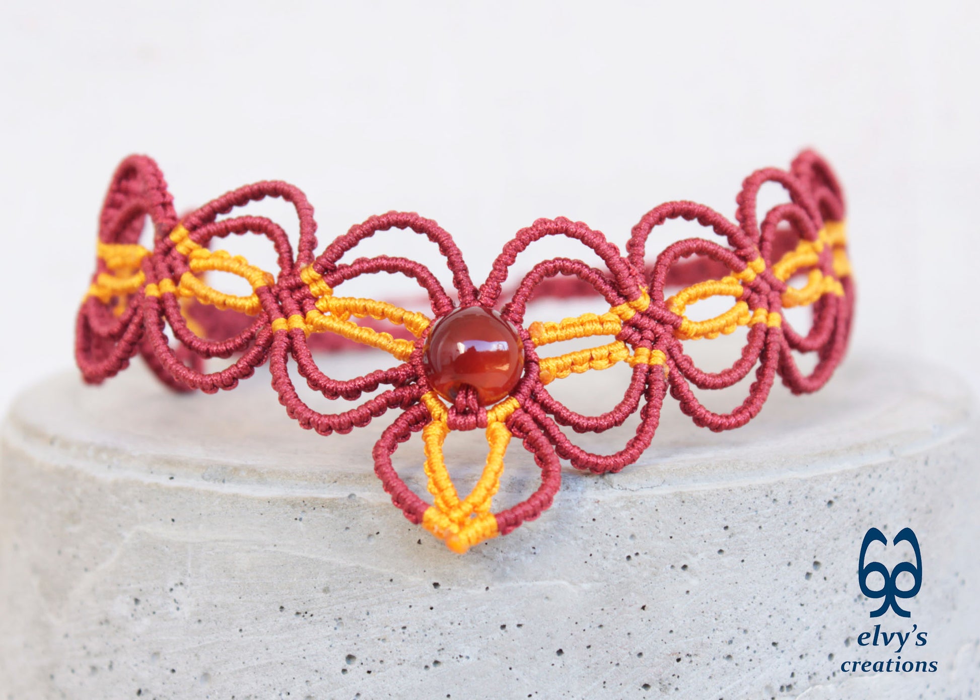 Red Handmade Macrame Chocker Yellow Adjustable Necklace Carnelian Gemstone