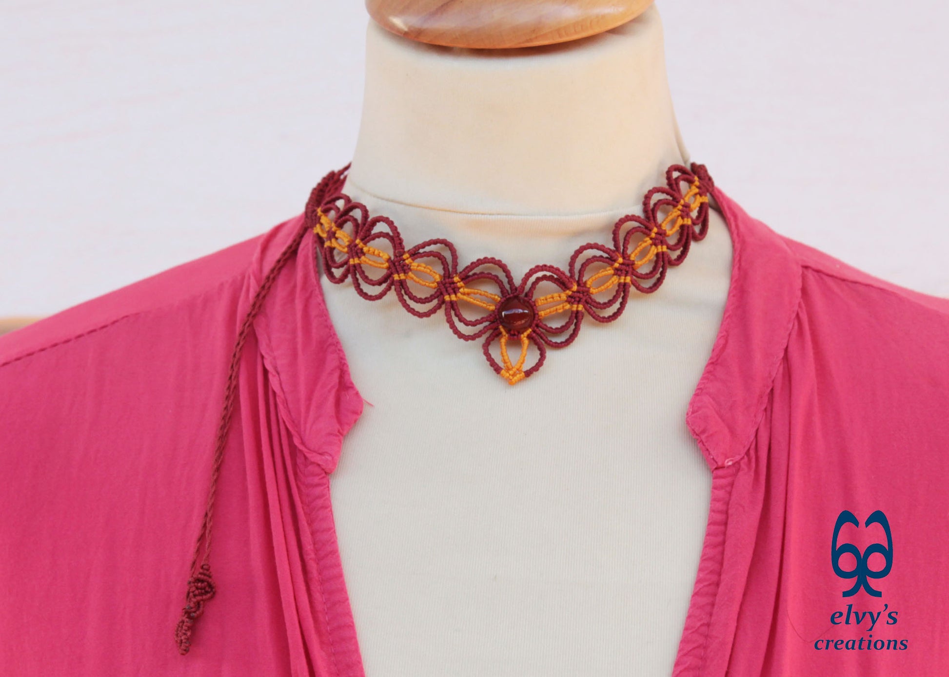 Red Handmade Macrame Chocker Yellow Adjustable Necklace Carnelian Gemstone