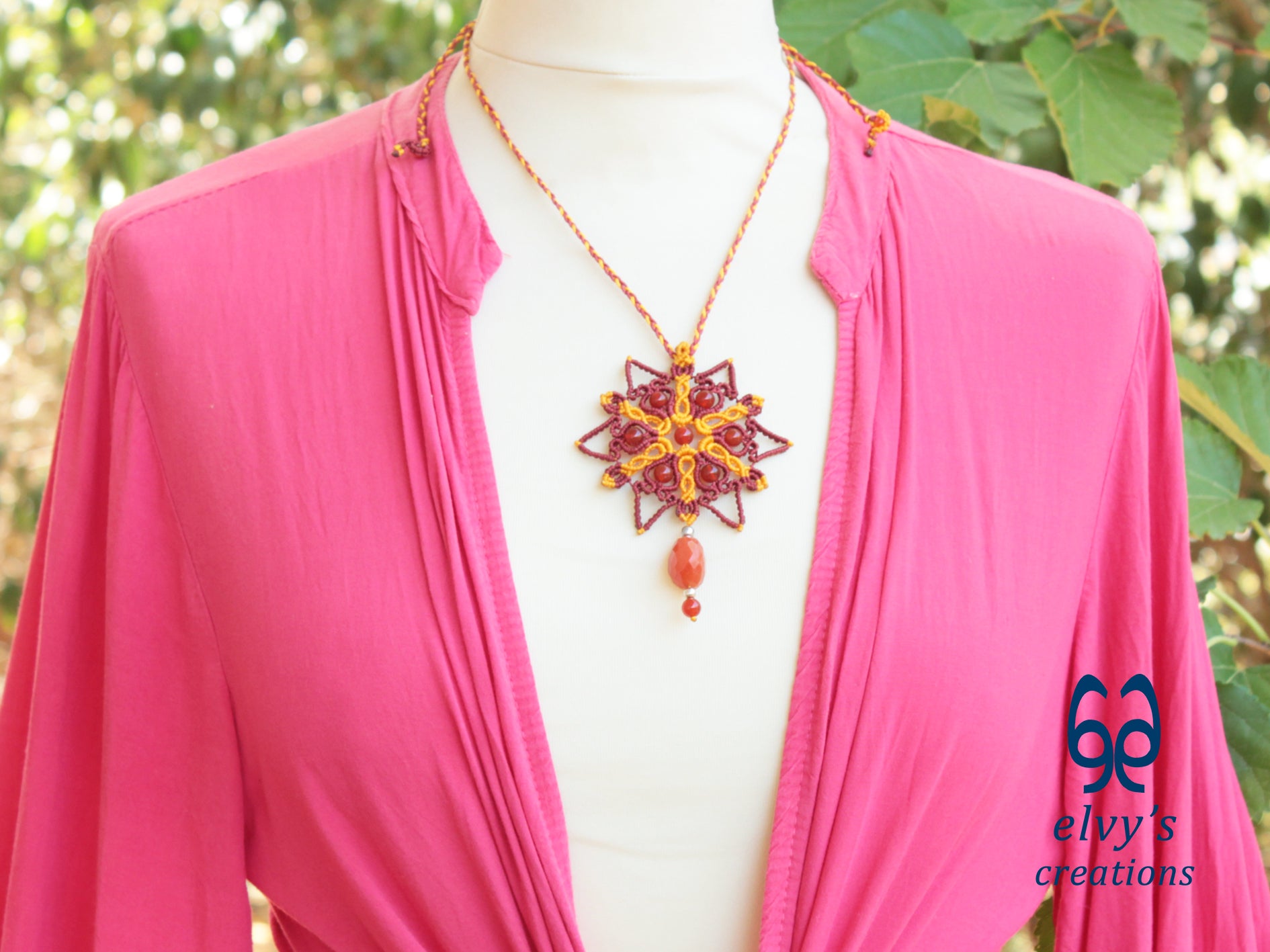 Handmade Red Macrame Choker Necklace with Orange Carnelian Gemstones