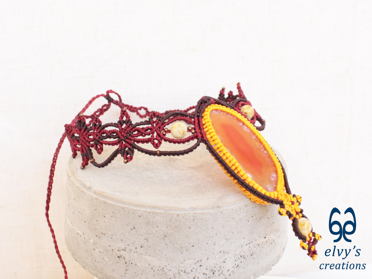 Orange Macrame Necklace White Agate Beaded Necklace, Gemstone Macrame Choker, Unique Birthday Gift for Women or Men