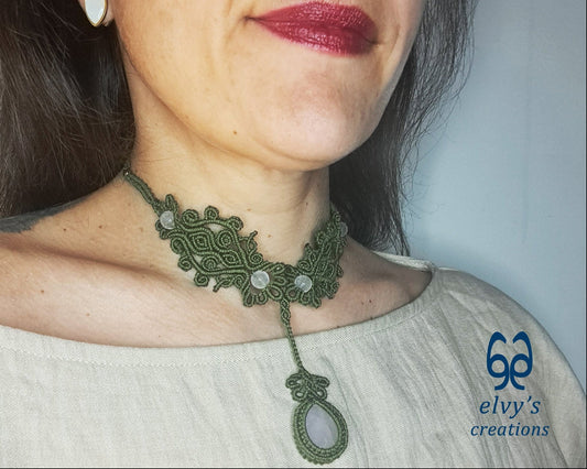 Green Handmade Macrame Necklace, Pink Quartz Gemstones, Boho Grey Necklace