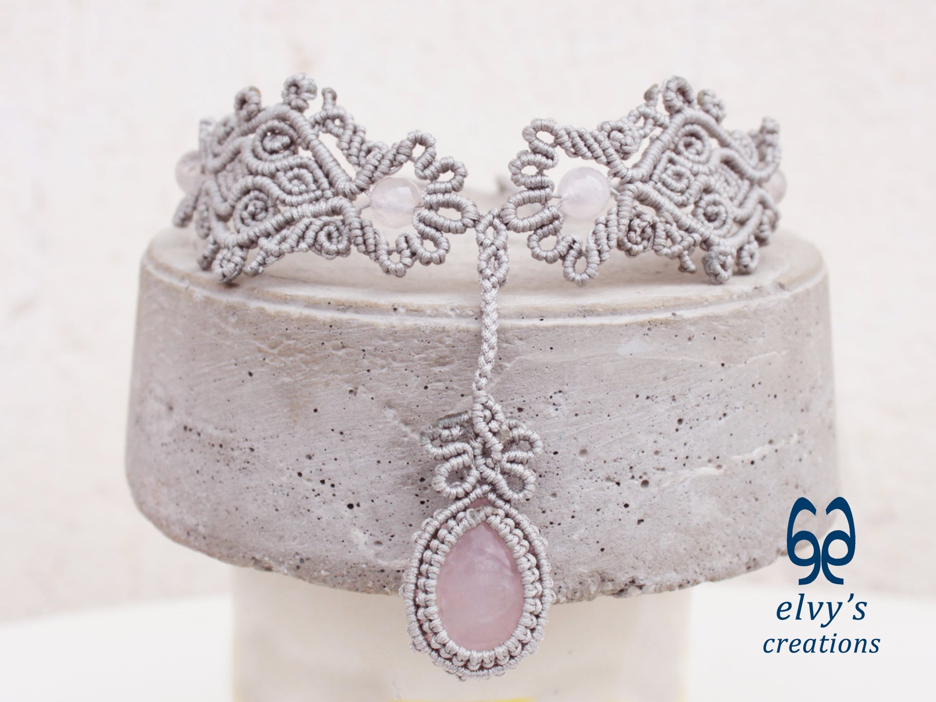 Silver Handmade Macrame Necklace, Pink Quartz Gemstones, Boho Grey Necklace
