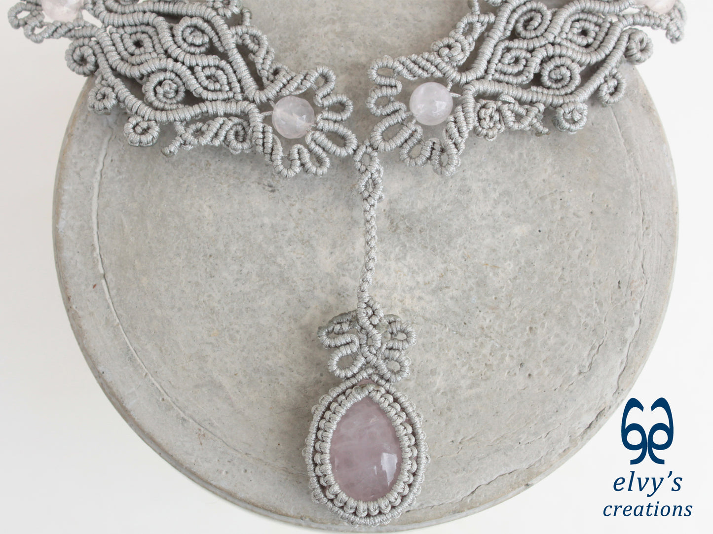 Silver Handmade Macrame Necklace, Pink Quartz Gemstones, Boho Grey Necklace