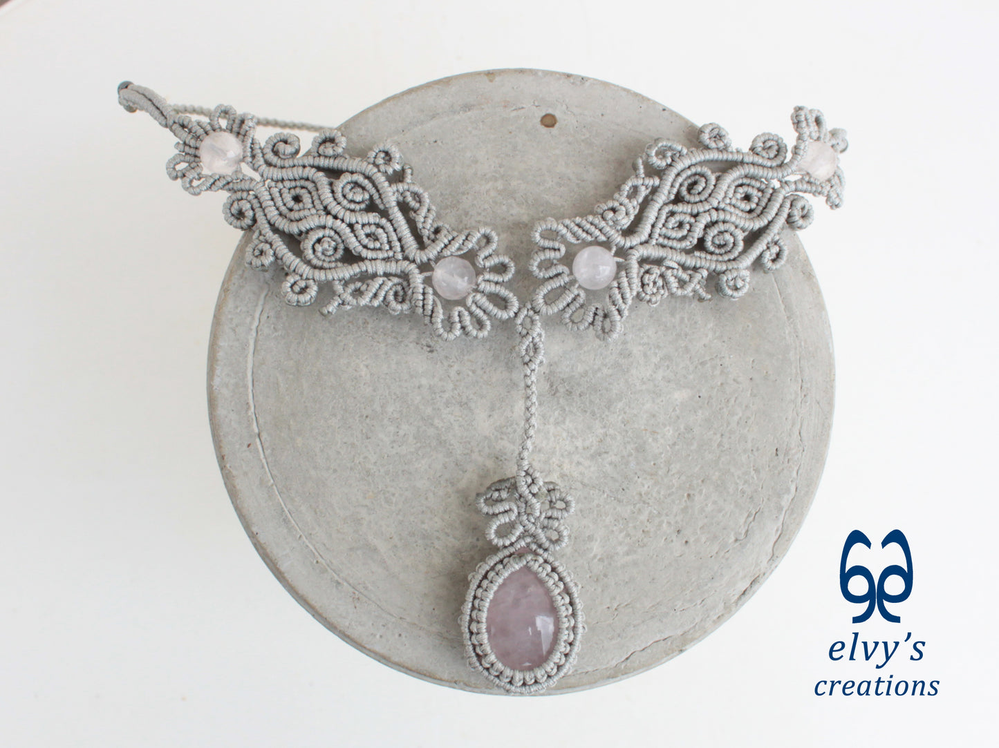 Silver Handmade Macrame Necklace, Pink Quartz Gemstones, Boho Grey Necklace