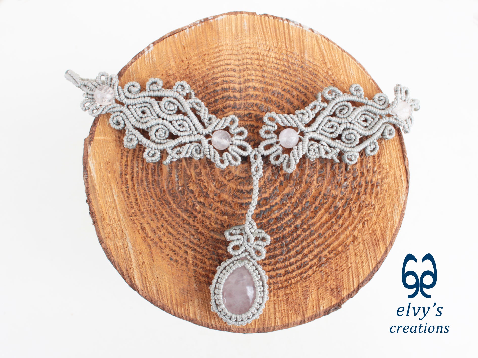 Silver Handmade Macrame Necklace, Pink Quartz Gemstones, Boho Grey Necklace