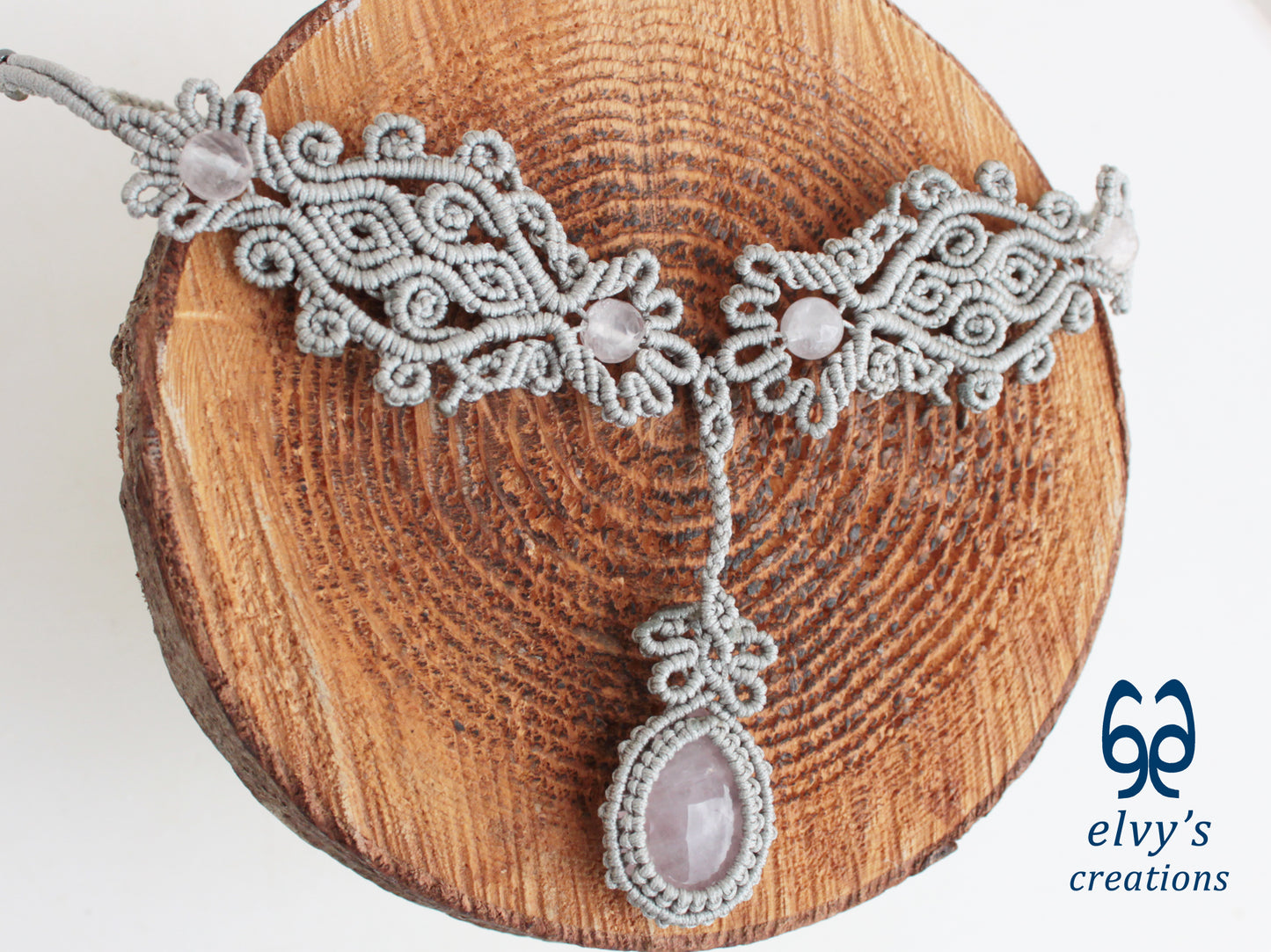 Silver Handmade Macrame Necklace, Pink Quartz Gemstones, Boho Grey Necklace