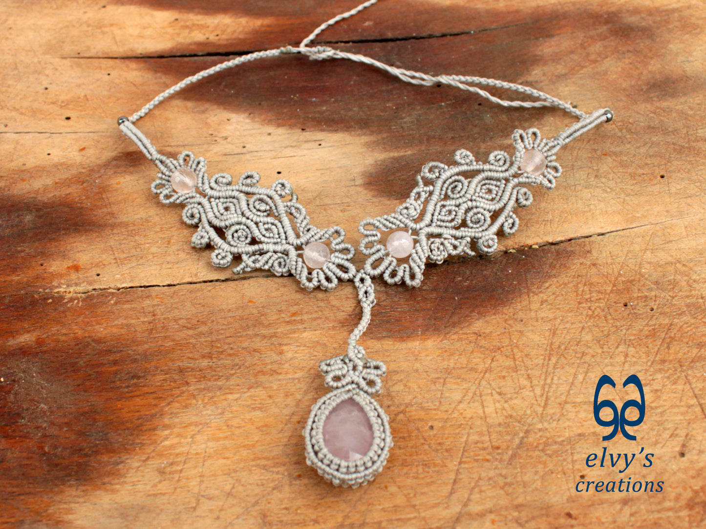 Silver Handmade Macrame Necklace, Pink Quartz Gemstones, Boho Grey Necklace
