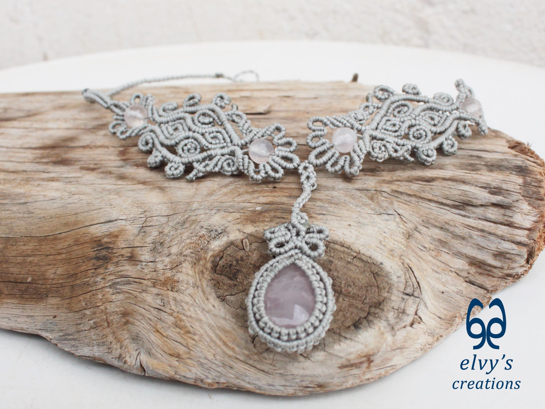Silver Handmade Macrame Necklace, Pink Quartz Gemstones, Boho Grey Necklace
