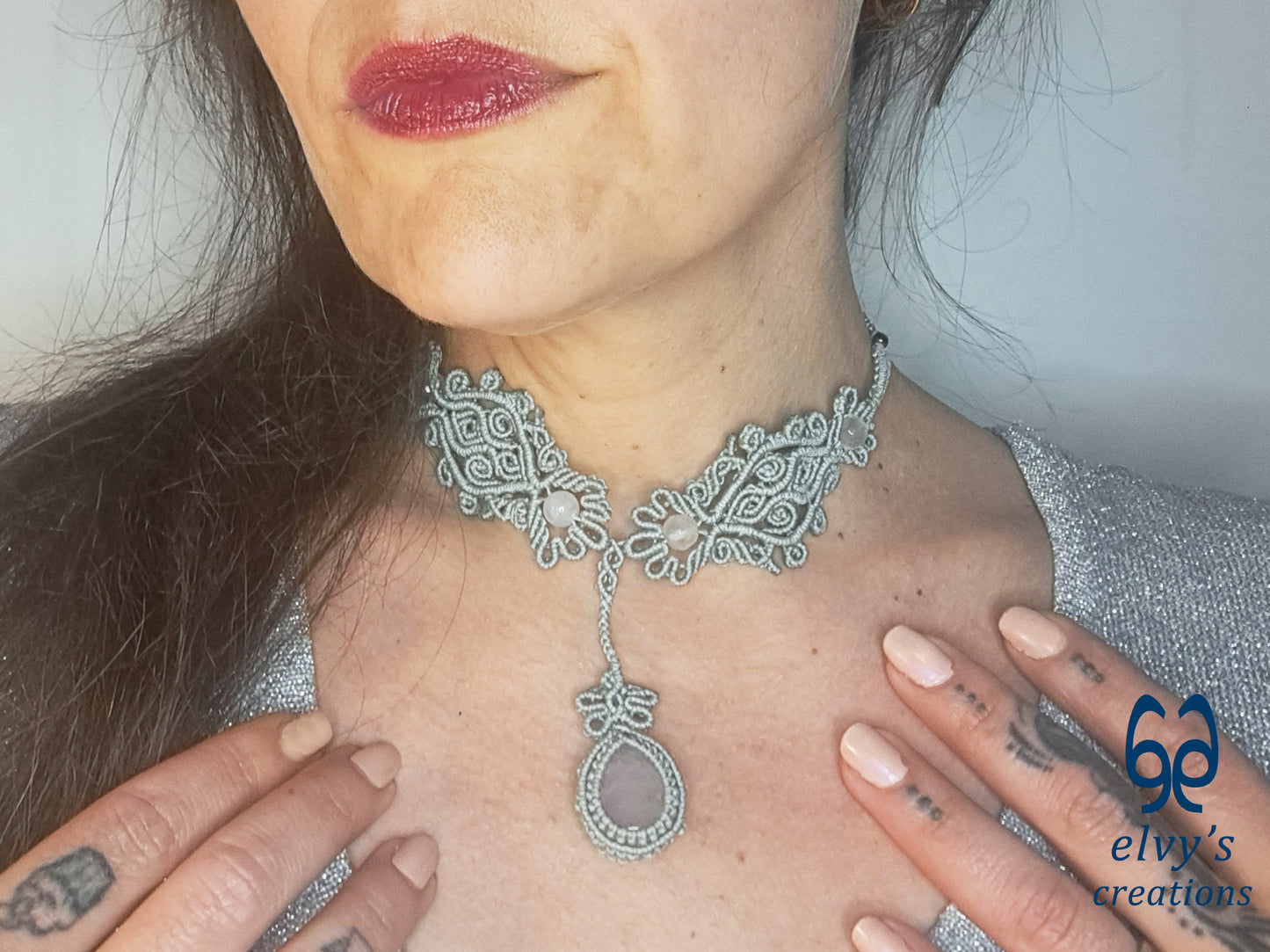 Silver Handmade Macrame Necklace, Pink Quartz Gemstones, Boho Grey Necklace
