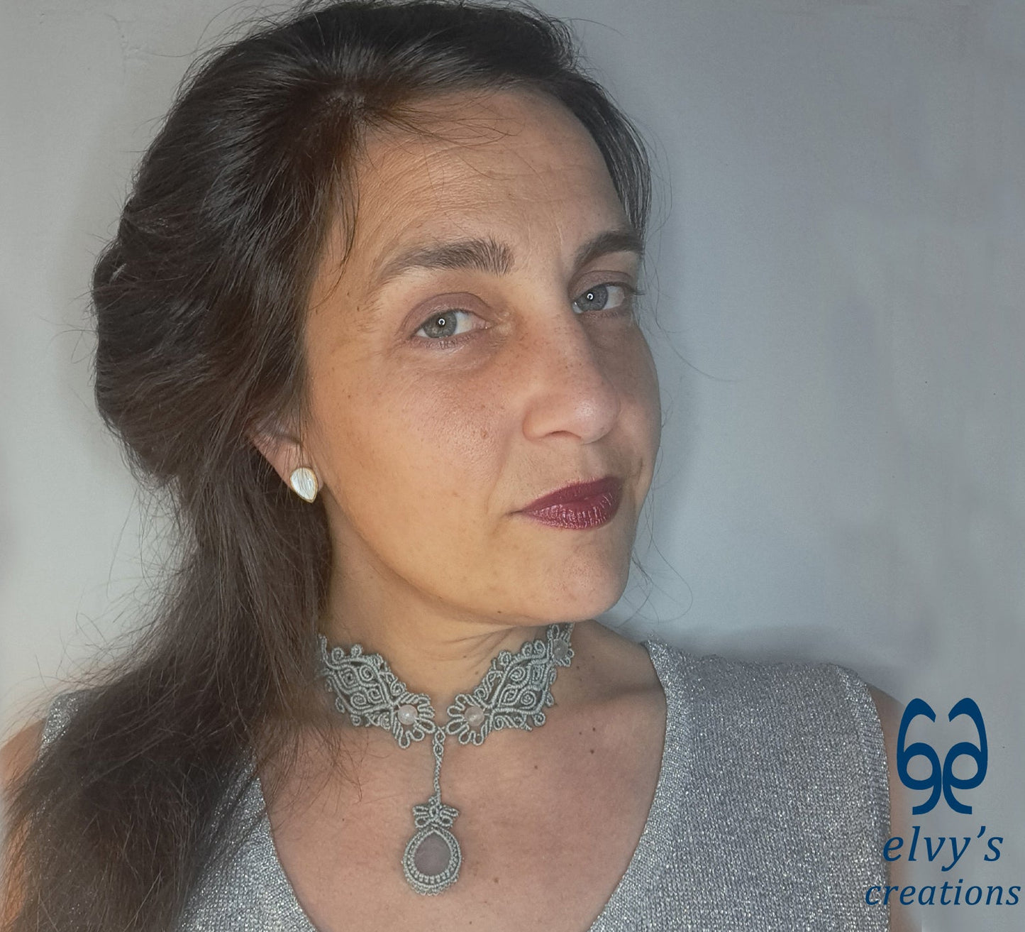 Silver Handmade Macrame Necklace, Pink Quartz Gemstones, Boho Grey Necklace