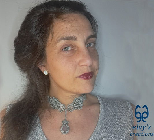 Silver Handmade Macrame Necklace, Pink Quartz Gemstones, Boho Grey Necklace