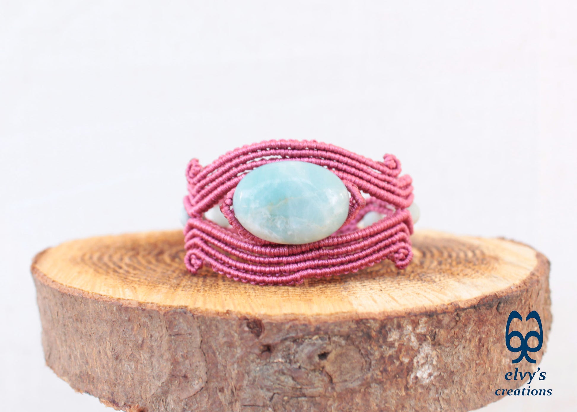 Handmade Rose Red Macrame Bracelet Adjustable Cuff with Blue Amazonite Gemstones