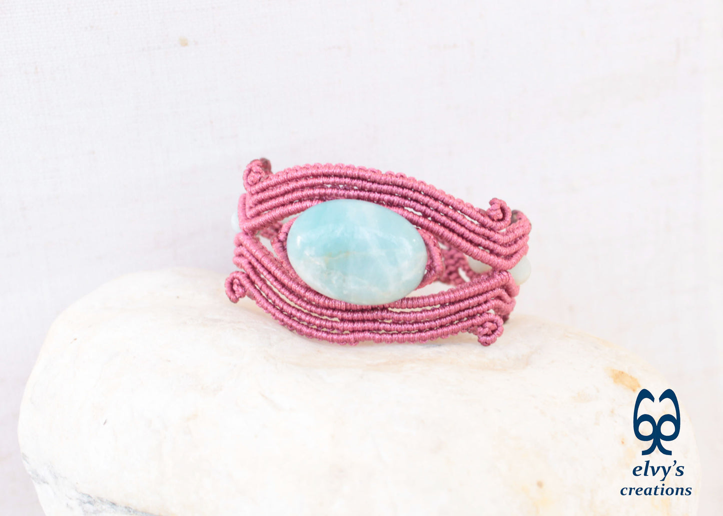 Handmade Rose Red Macrame Bracelet Adjustable Cuff with Blue Amazonite Gemstones