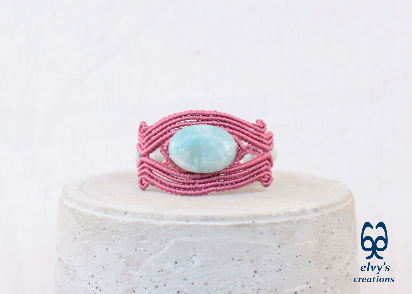 Handmade Rose Red Macrame Bracelet Adjustable Cuff with Blue Amazonite Gemstones