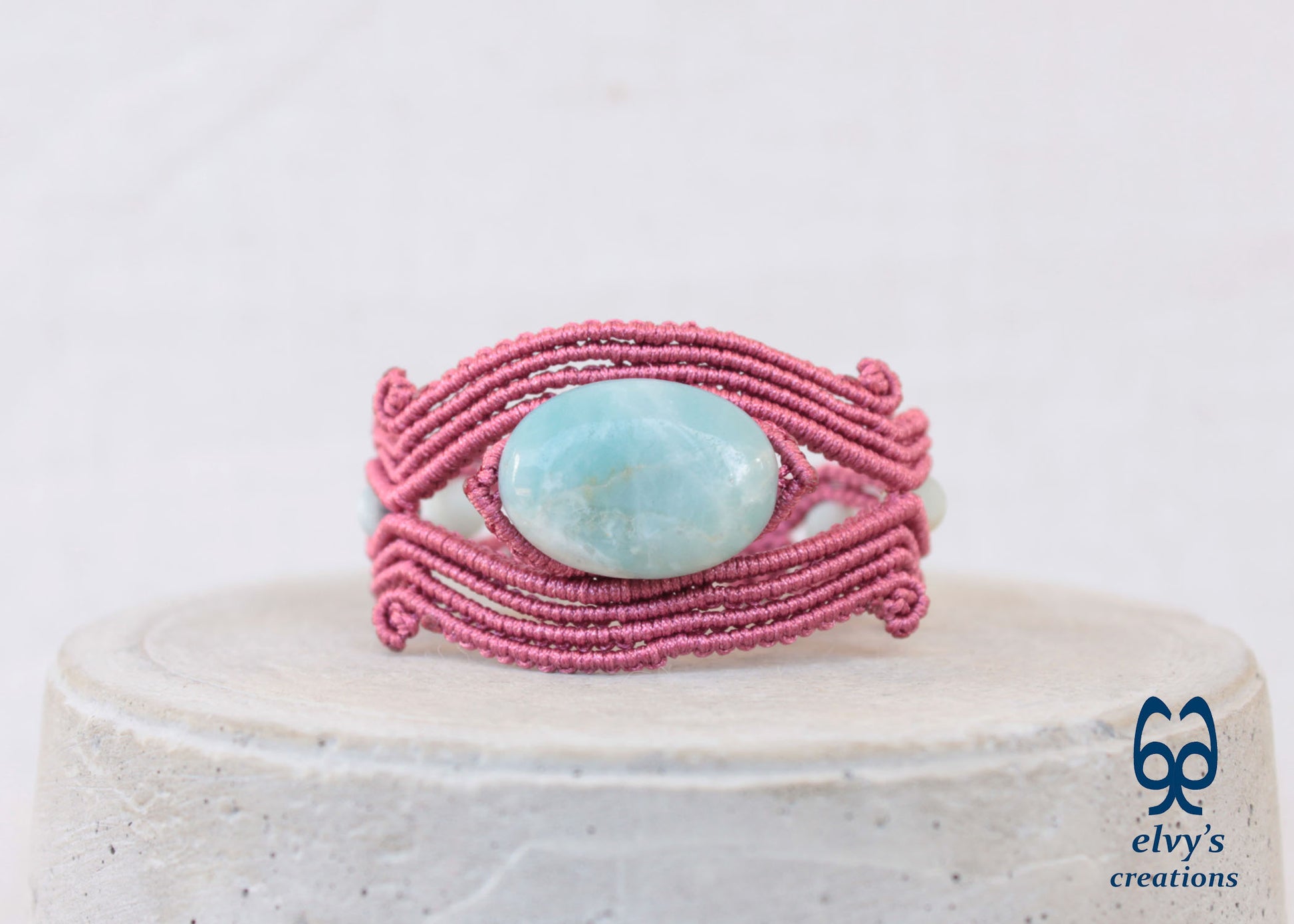 Handmade Rose Red Macrame Bracelet Adjustable Cuff with Blue Amazonite Gemstones