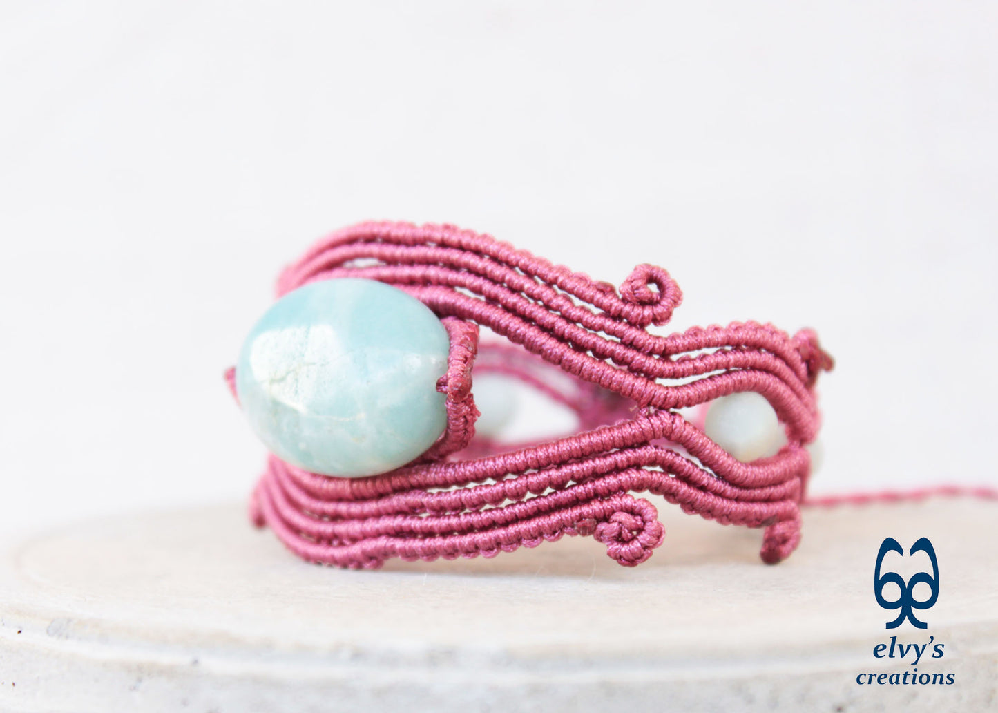 Handmade Rose Red Macrame Bracelet Adjustable Cuff with Blue Amazonite Gemstones