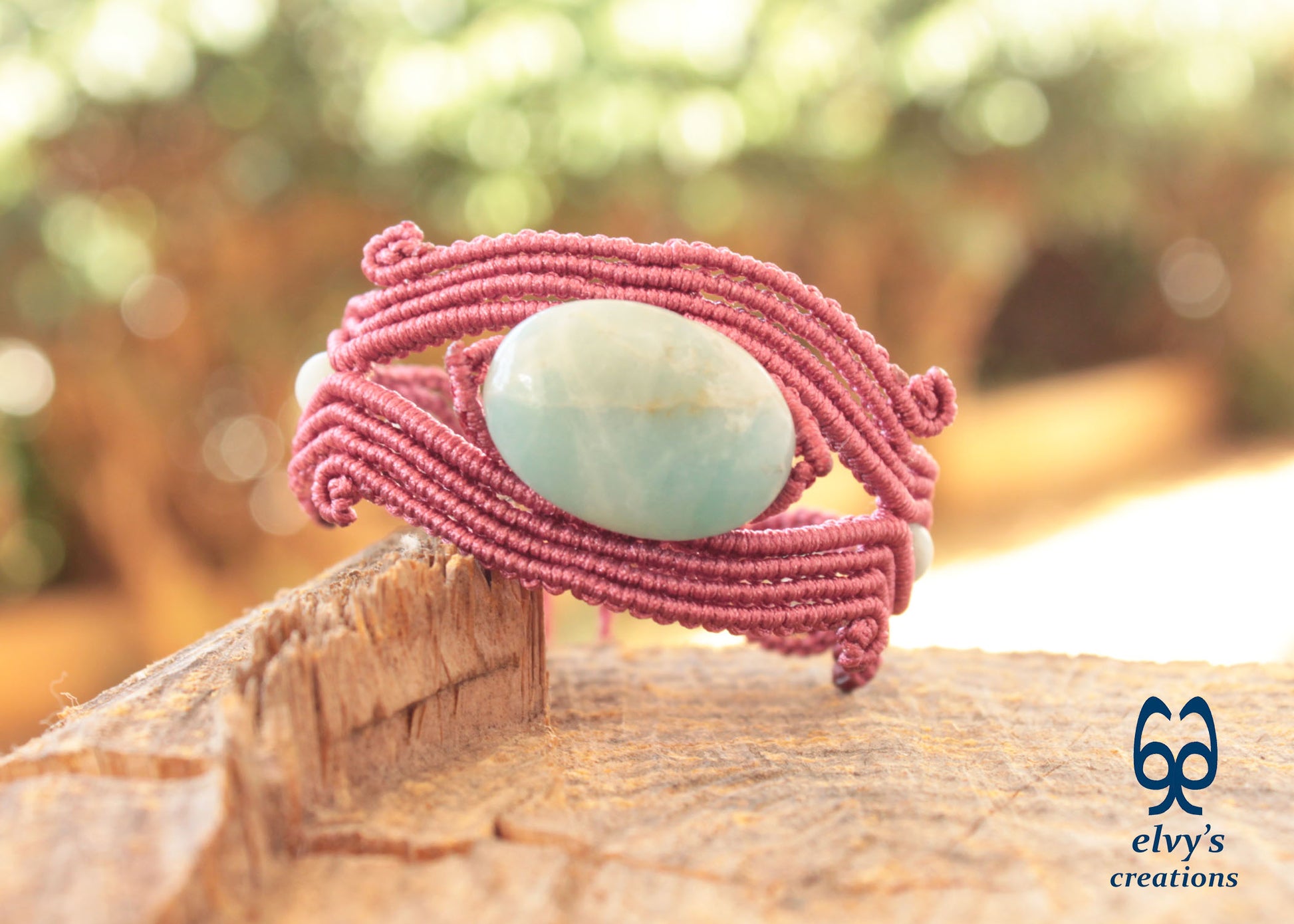 Handmade Rose Red Macrame Bracelet Adjustable Cuff with Blue Amazonite Gemstones