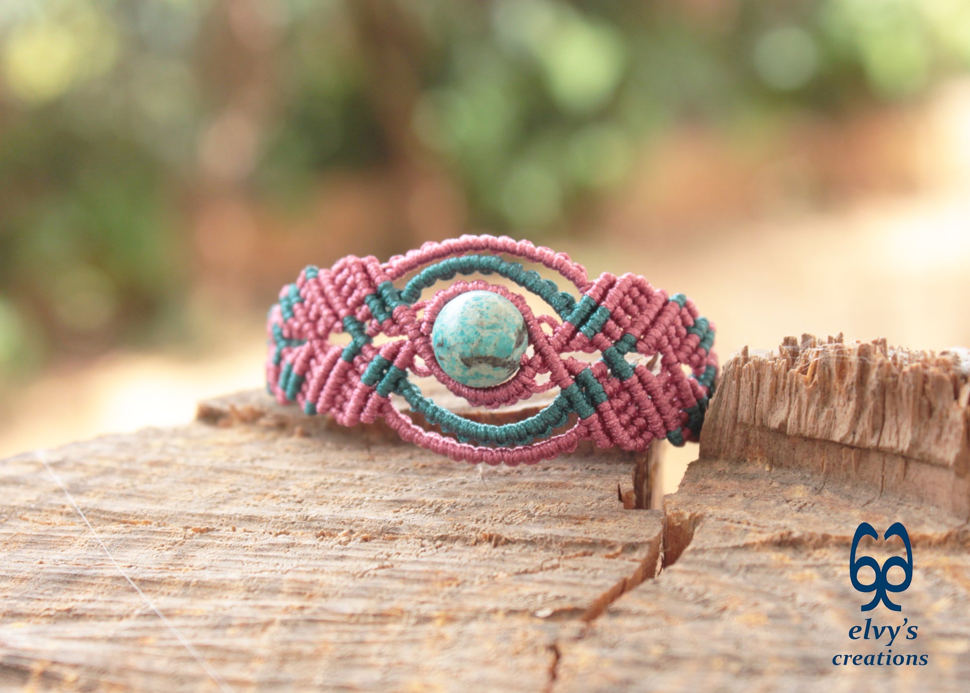 Handmade Pink Macrame Bracelet, Turquoise Gemstones Boho Summer Bracelet