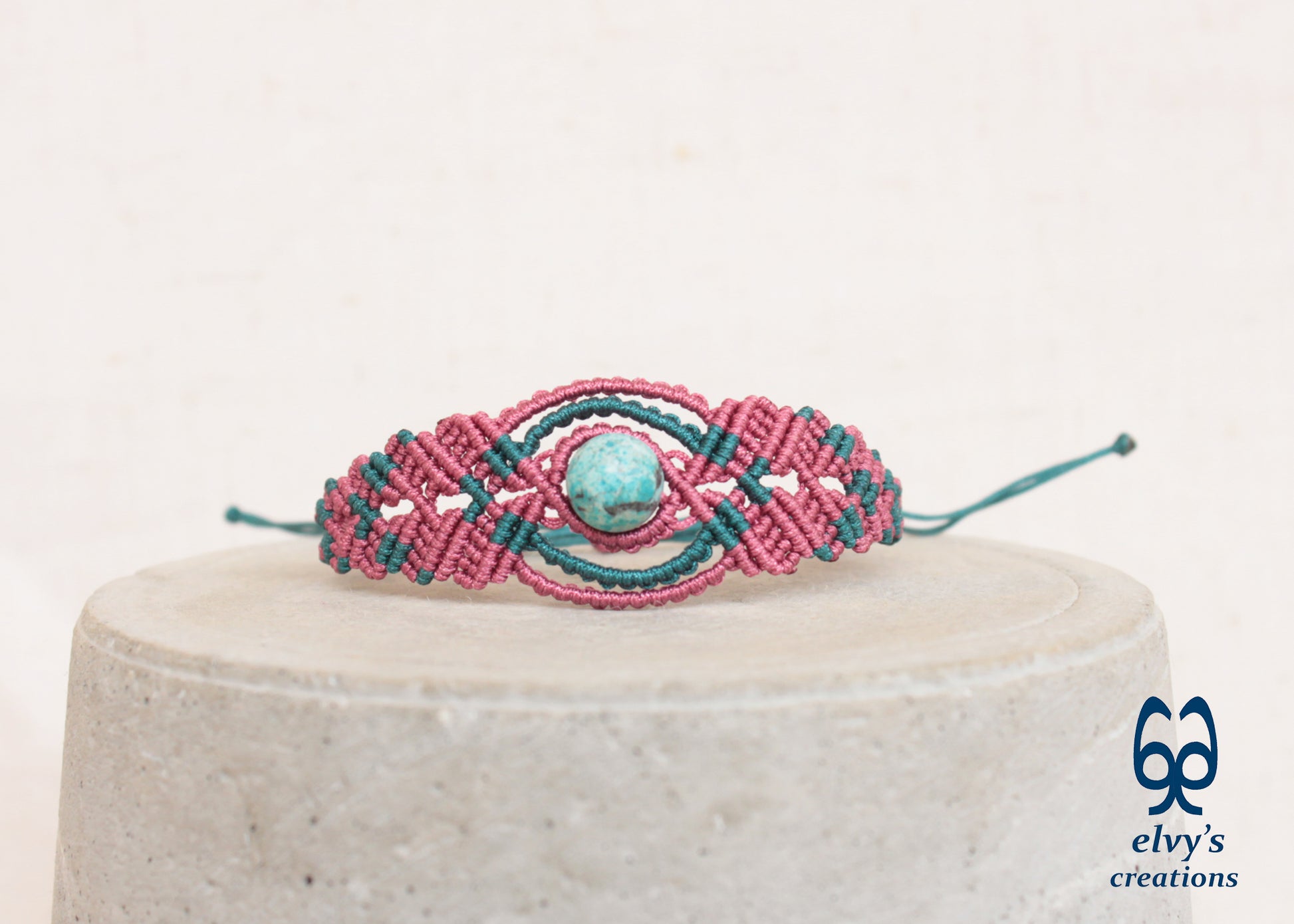 Handmade Pink Macrame Bracelet, Turquoise Gemstones Boho Summer Bracelet