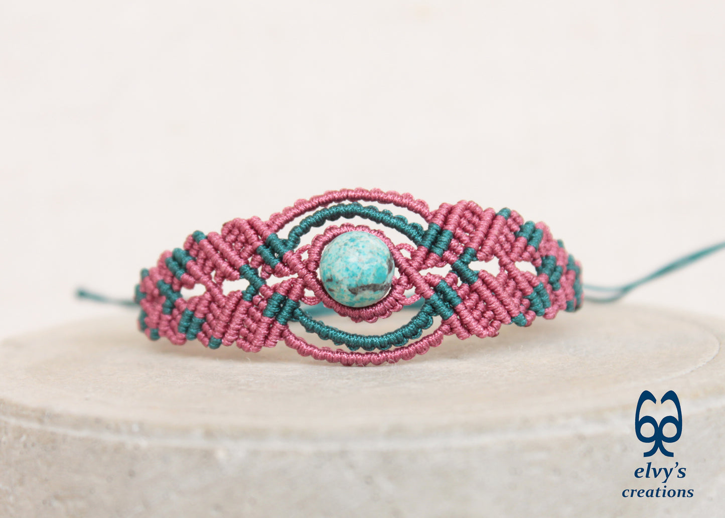 Handmade Pink Macrame Bracelet, Turquoise Gemstones Boho Summer Bracelet