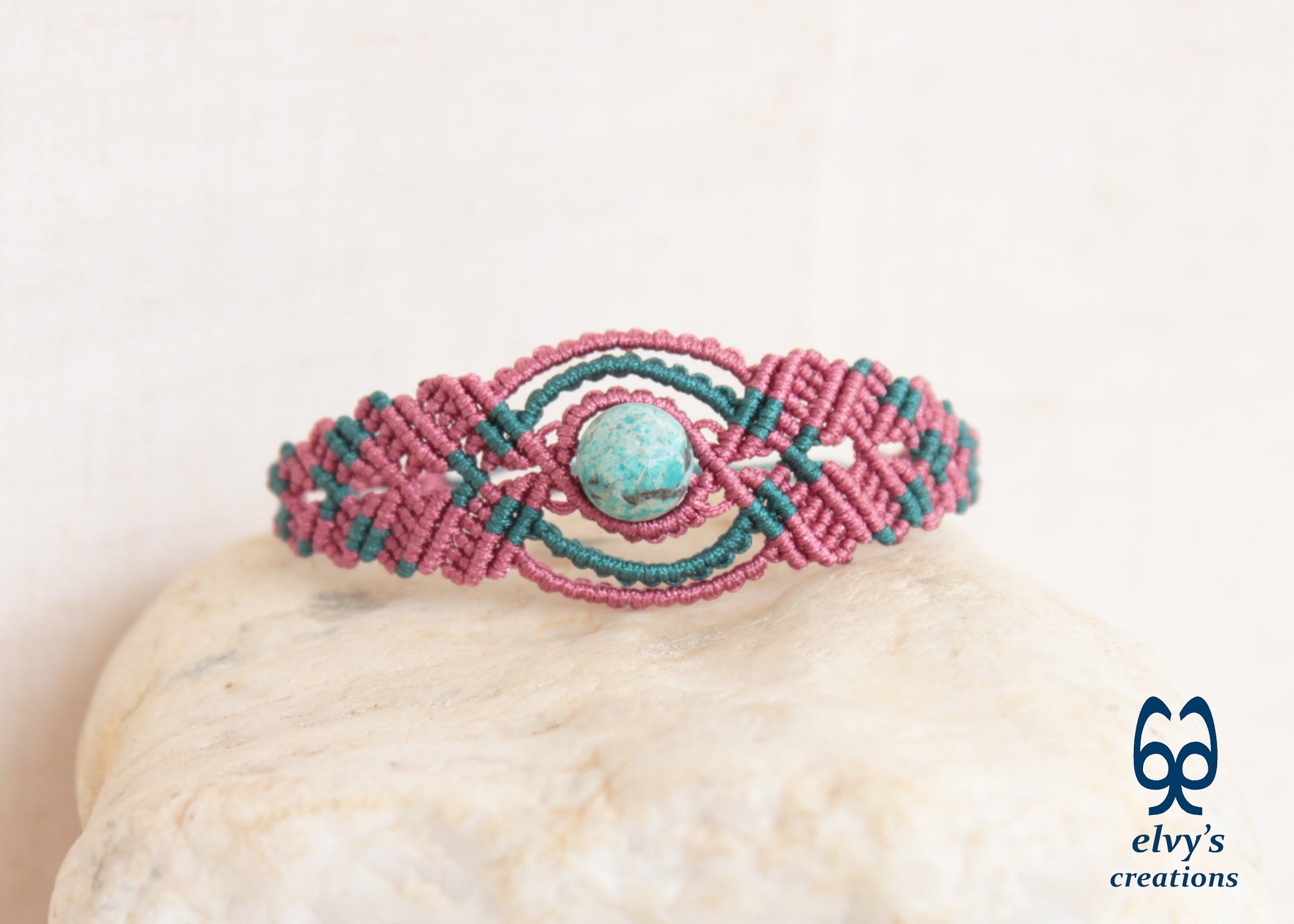 Handmade Pink Macrame Bracelet, Turquoise Gemstones Boho Summer Bracelet