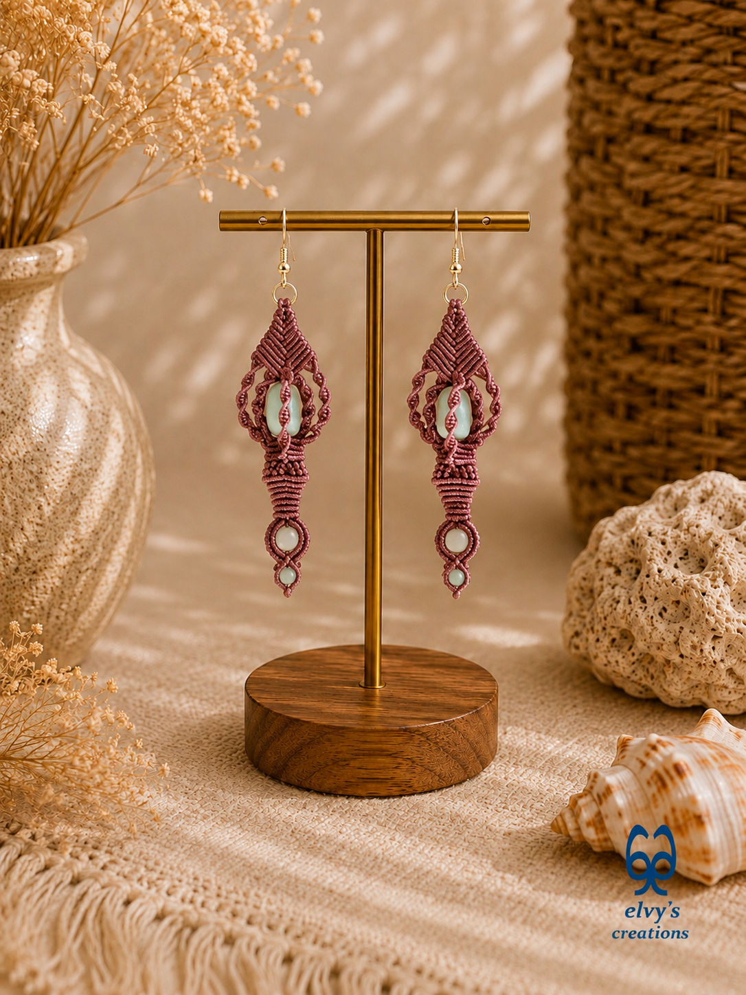 Brown Macrame Earrings, Amazonite Gemstones Beads, Unique Gift for Women Virgo Birthday Gift