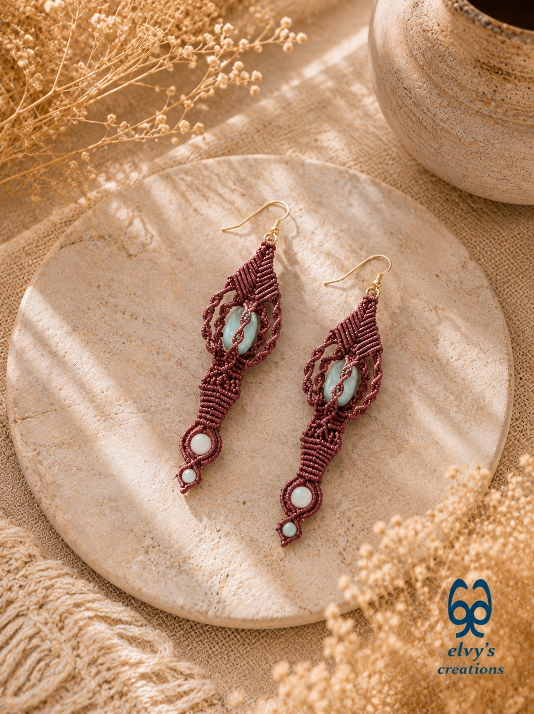 Brown Macrame Earrings, Amazonite Gemstones Beads, Unique Gift for Women Virgo Birthday Gift